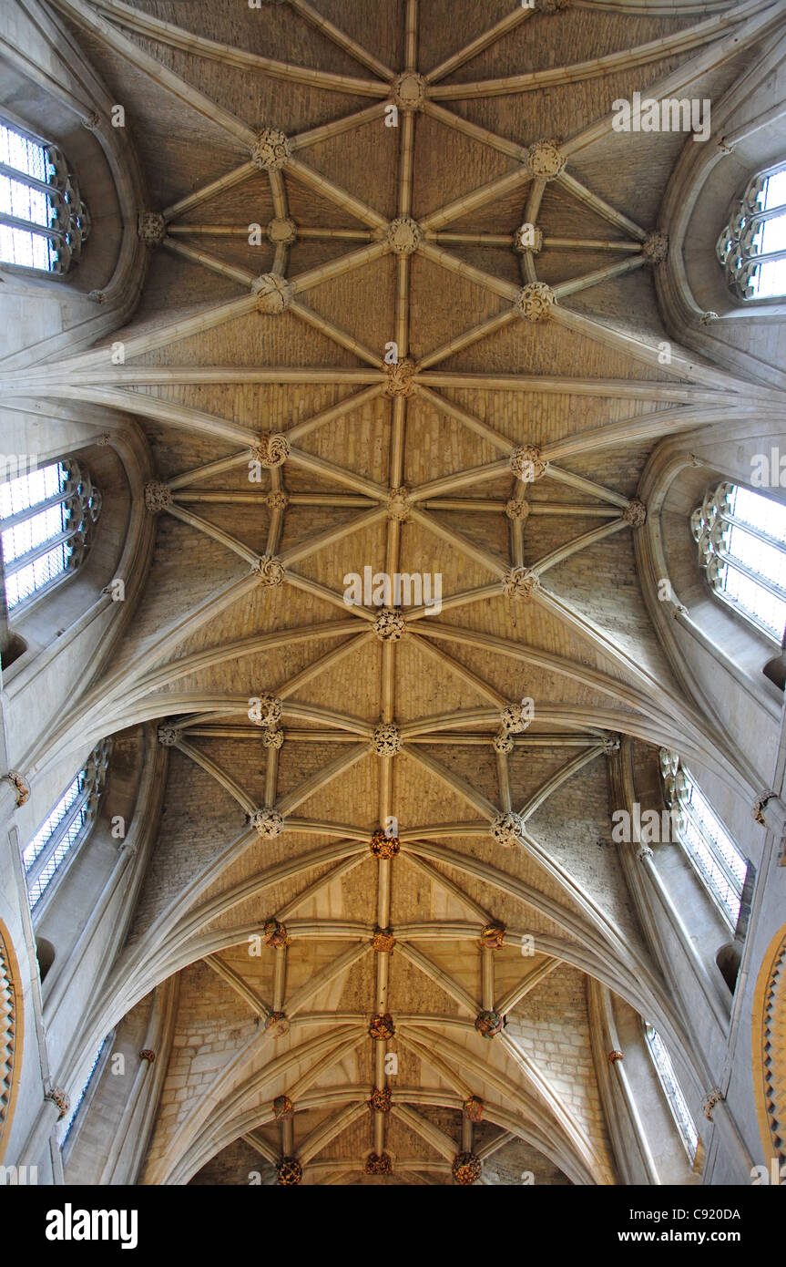 Ornato soffitto della navata in Malmesbury Abbey, Malmesbury, Wiltshire, Inghilterra, Regno Unito Foto Stock