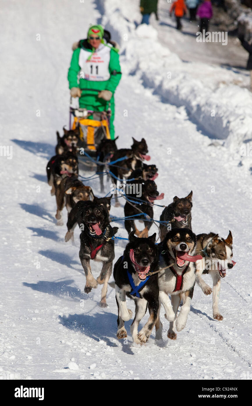 Ryan Redington mushes in fondo al Cordova Street Hill, 2011 Fur Rondy nel Campionato del Mondo di Sled Dog Race, Alaska Foto Stock