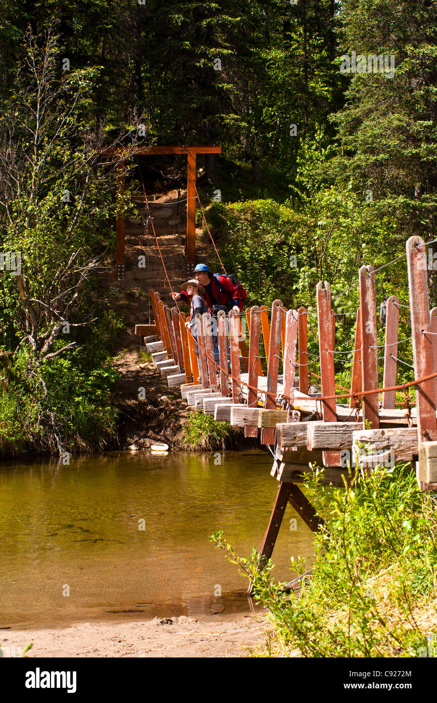 Un padre e figlio escursionismo attraverso un ponte sospeso che attraversa Byers Creek sul Byers Lago Trail nel Denali State Park, Alaska Foto Stock
