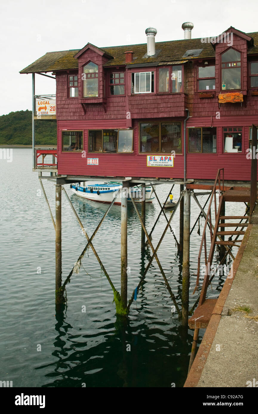 Il Cile, Puerto Montt Angelmo Mercato del Pesce, la costruzione su palafitte Foto Stock