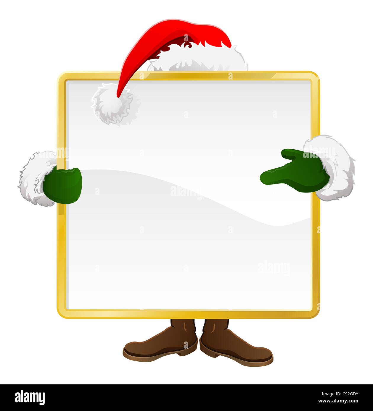 Santa in piedi dietro un segno di natale e che puntano ad esso Foto Stock