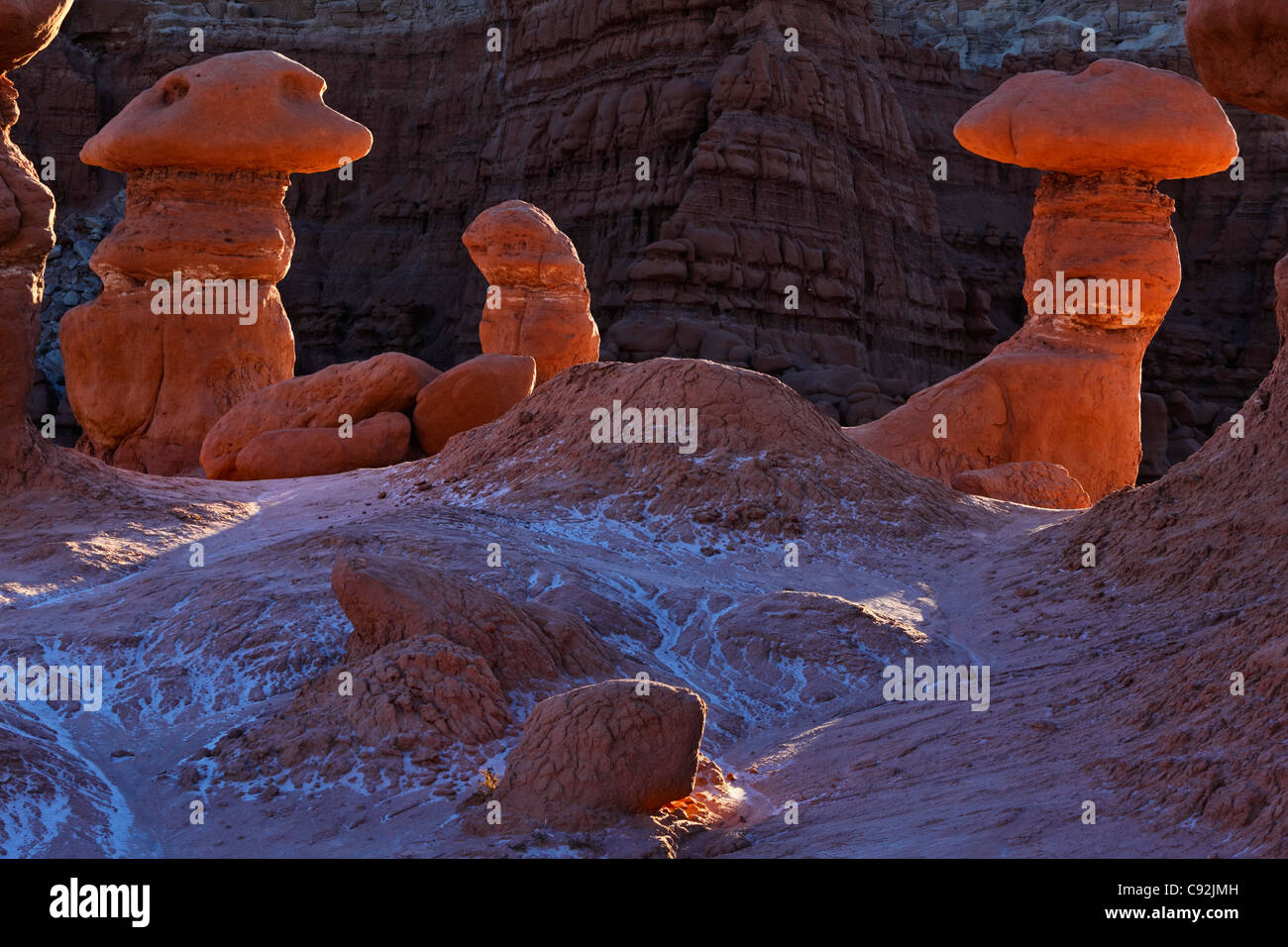 Hoodoos e le formazioni rocciose, Goblin Valley State Park, Utah Foto Stock