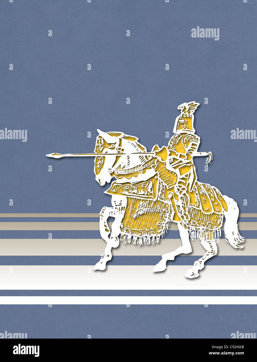 Cut-out illustrazione dello stile del cavallo e cavaliere medievale Foto Stock