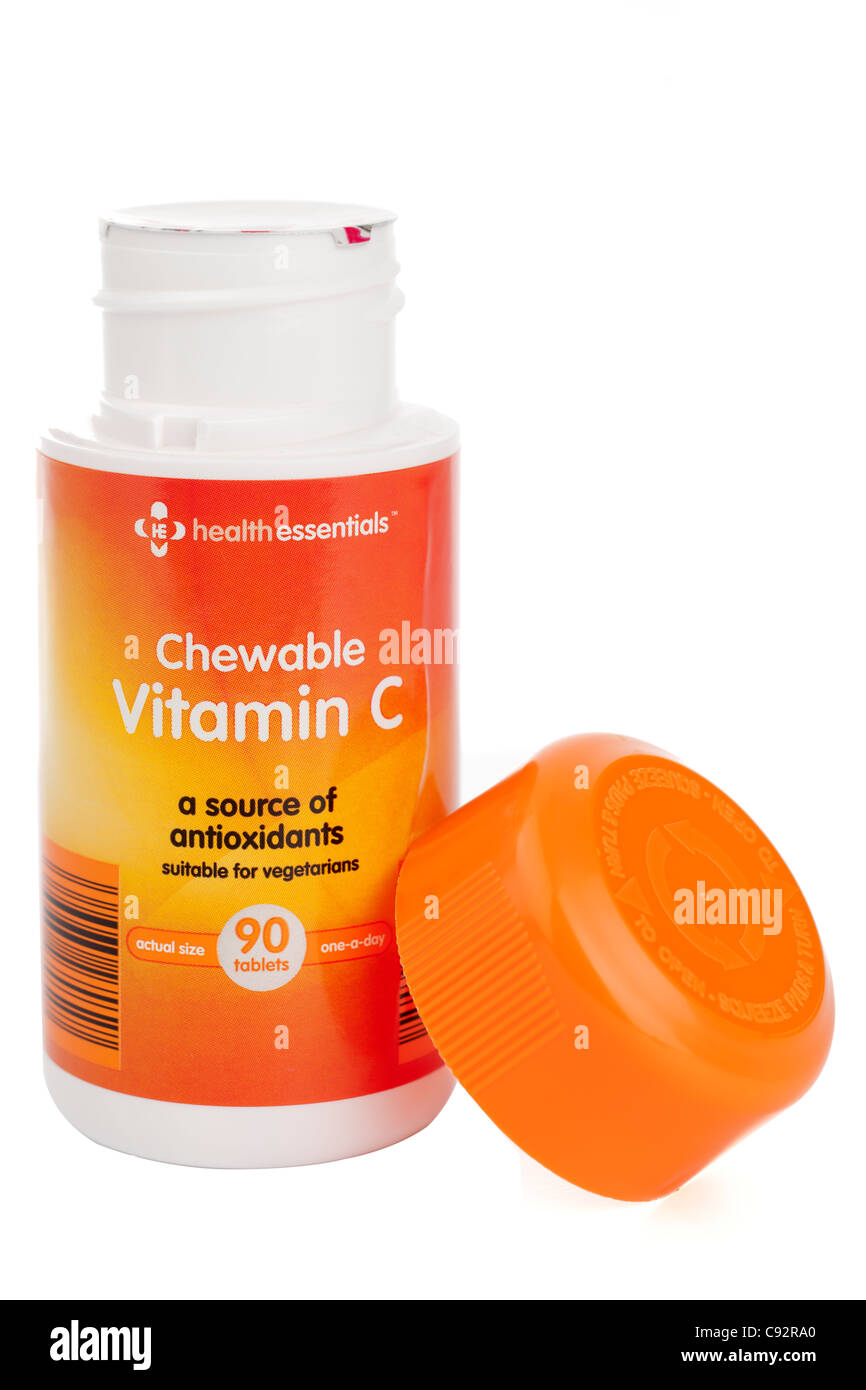 La vitamina C compresse masticabili uno al giorno dalla sanità essentials 90 di una vite di sicurezza contenitore superiore Foto Stock