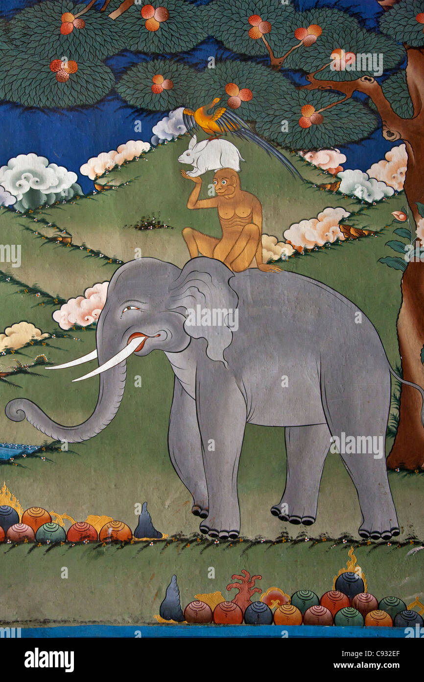 Questo murale è comune a molti monasteri e racconta la storia di co-operazione tra il Buddha e i suoi tre discepoli. Foto Stock Questo murale è comune a molti monasteri e racconta la storia di co-operazione tra il Buddha e i suoi tre discepoli. Foto Stock