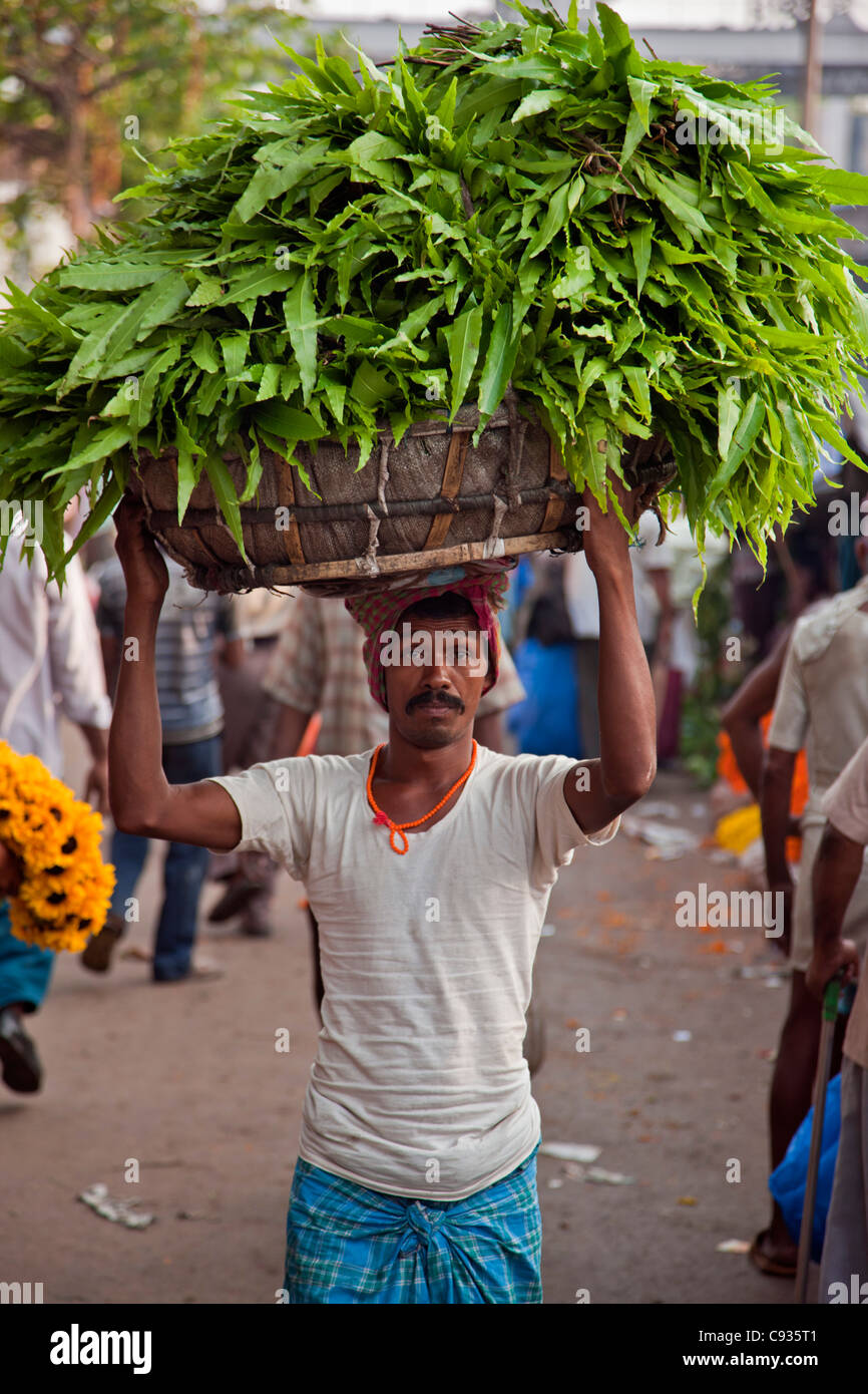 Un uomo porta un headload di vegetazione attraverso la trafficata Mullik Ghat mercato dei fiori vicino a quella di Howrah bridge. Foto Stock