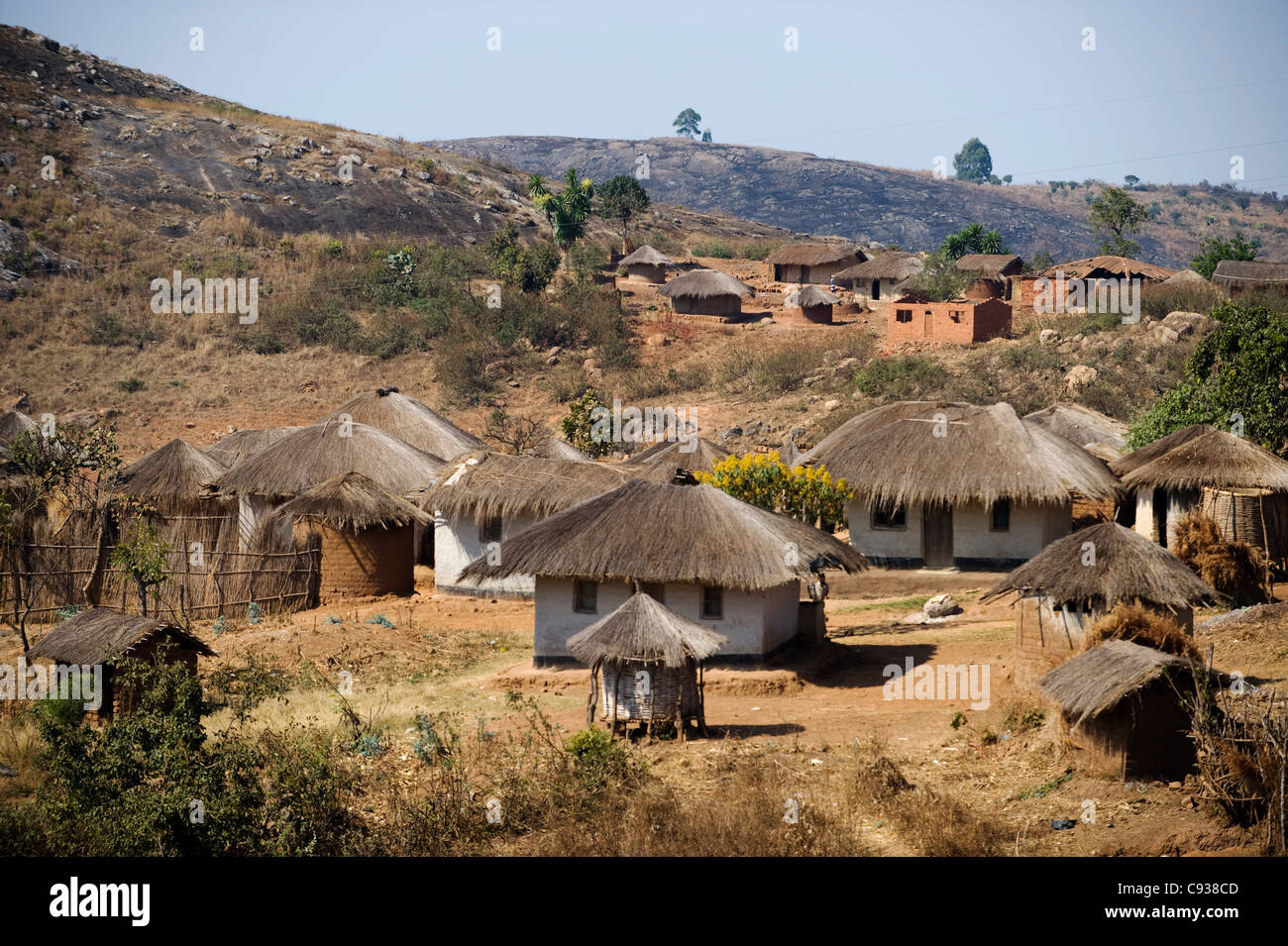 Il Malawi, Dedza. Erba-case dal tetto in un villaggio rurale nella regione di Dedza. Foto Stock