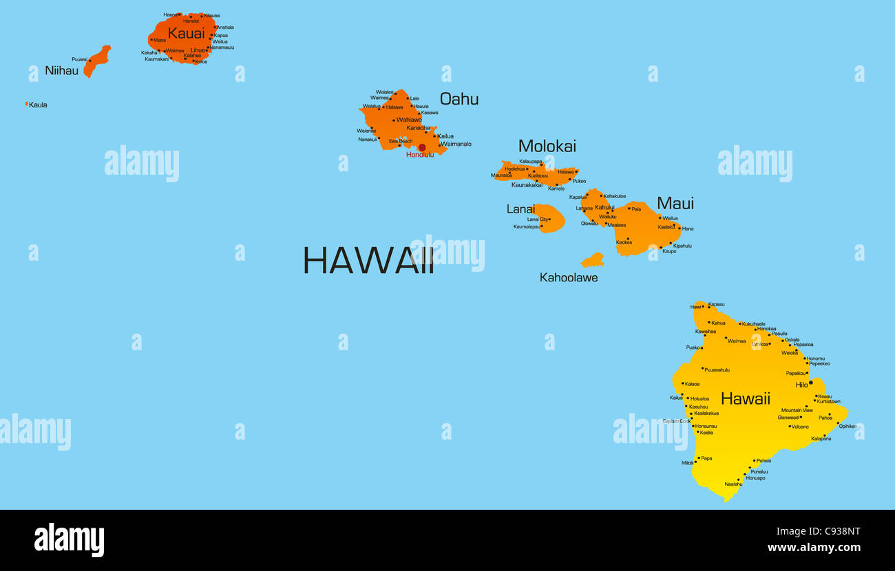 Vettore mappa colore di stato delle Hawaii. Stati Uniti d'America Foto Stock