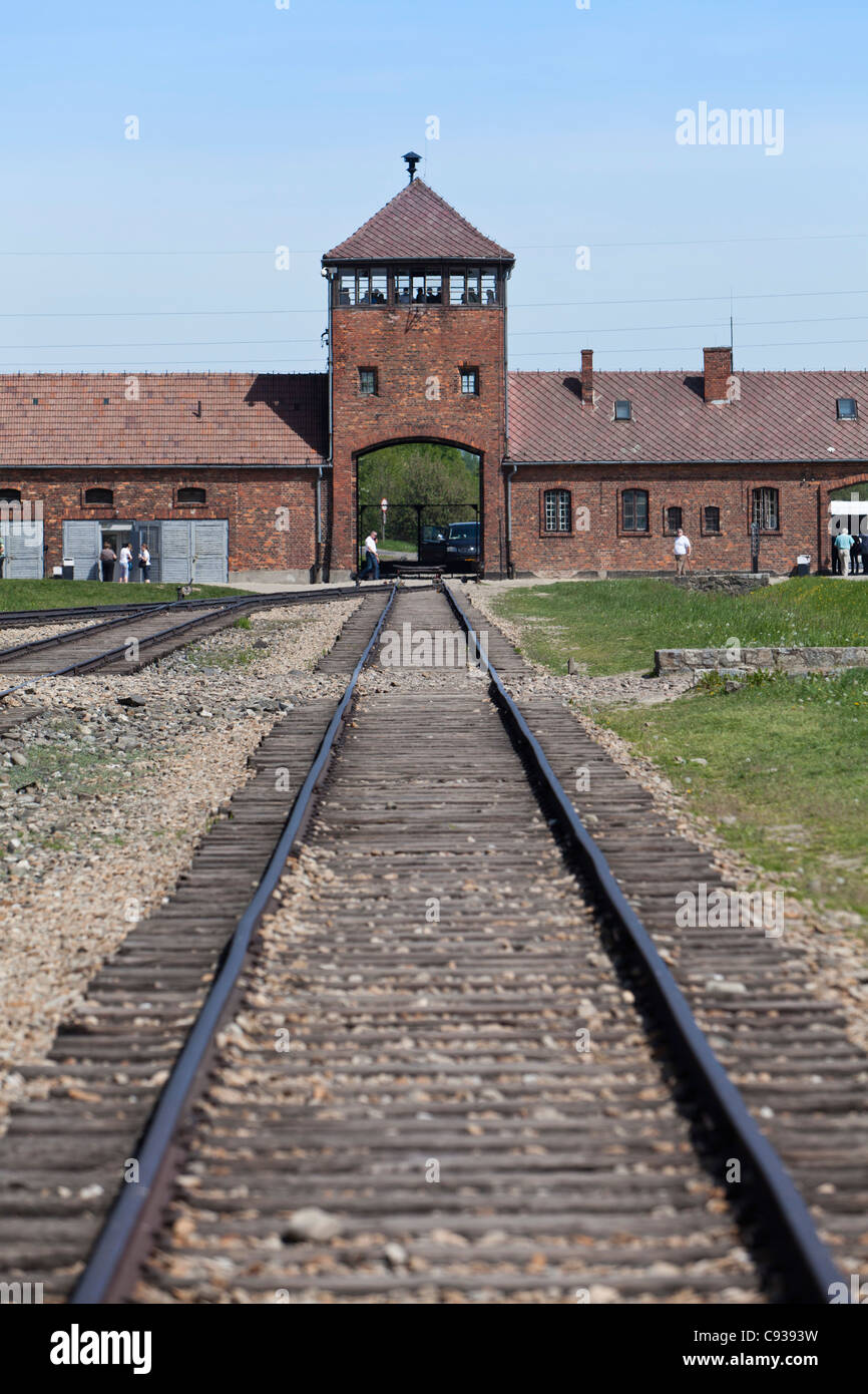 Polonia, Brzezinka, Auschwitz II - Birkenau. Il cancello di ingresso a Birkenau Foto Stock