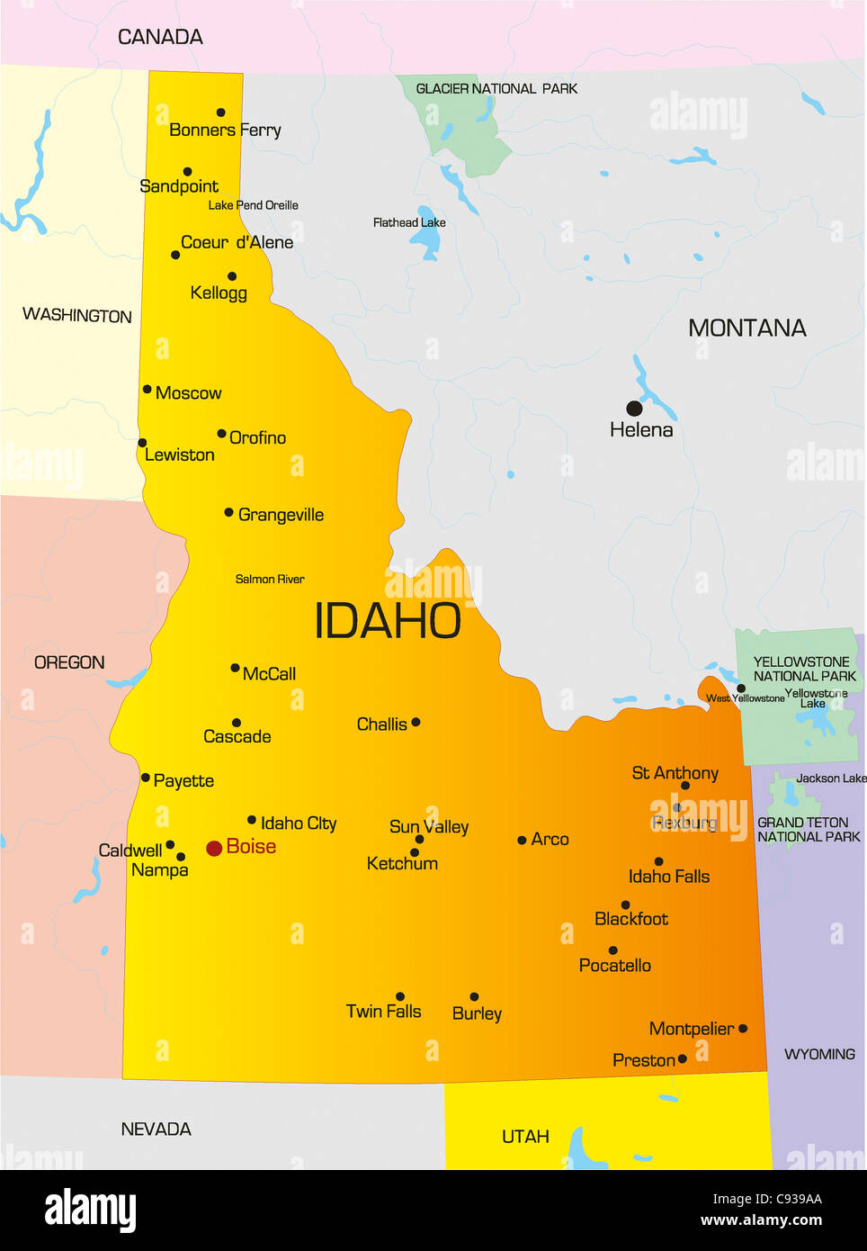 Vettore mappa a colori di Idaho membro. Stati Uniti d'America Foto Stock