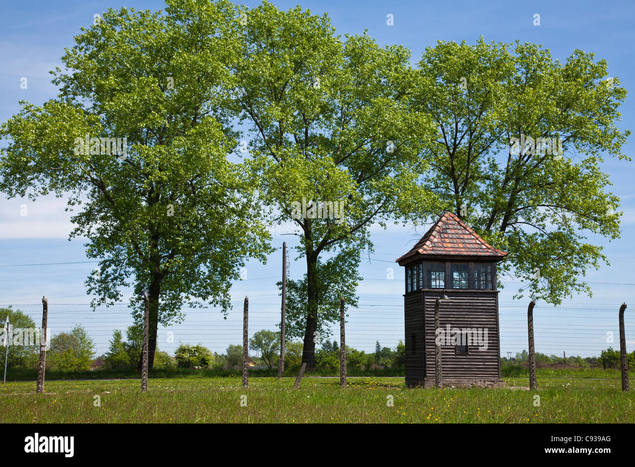 Polonia, Brzezinka, Auschwitz II - Birkenau. Una torre di avvistamento in legno vicino al filo spinato recinzioni perimetrali. Foto Stock