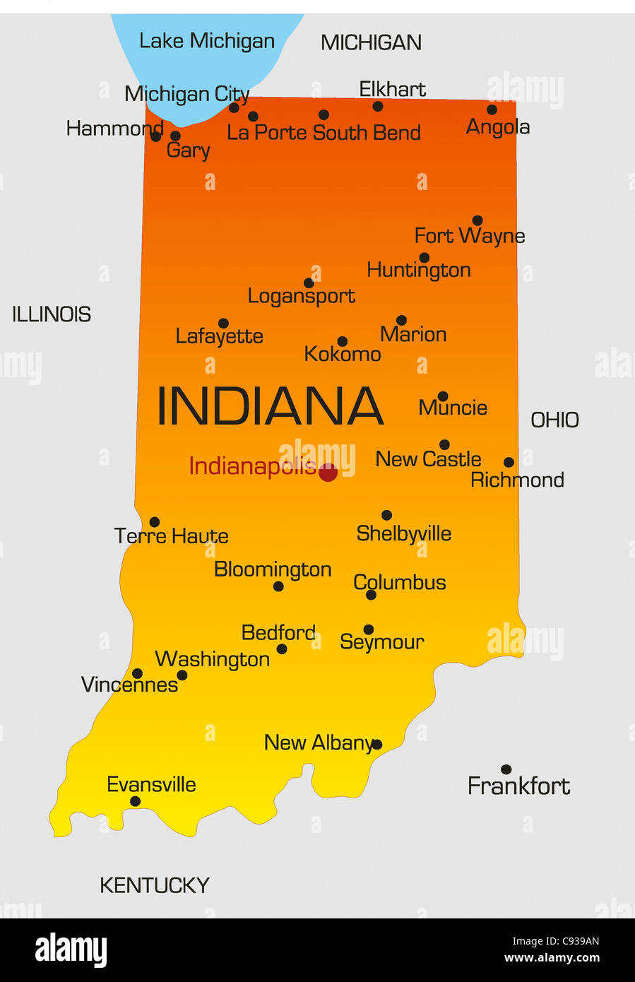 Vettore mappa colore di stato dell'Indiana. Stati Uniti d'America Foto Stock