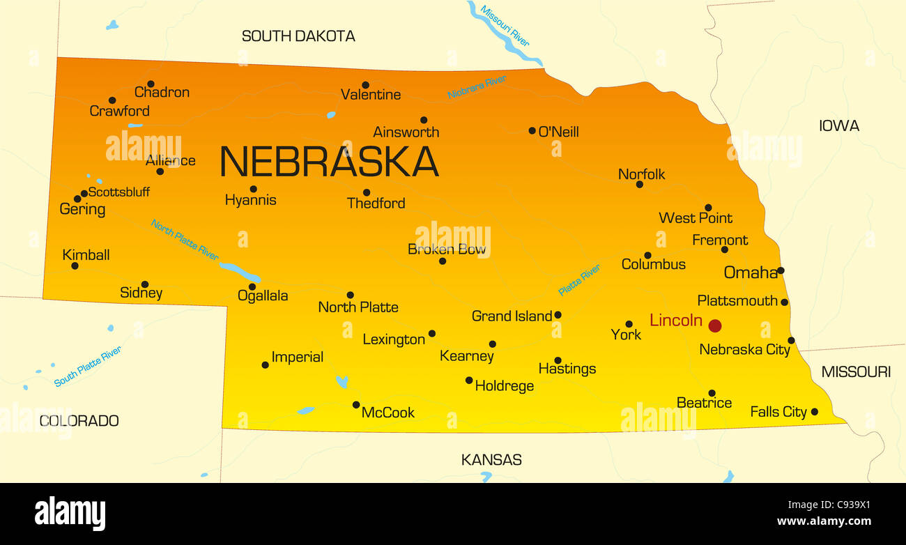 Vettore mappa a colori del Nebraska stato. Stati Uniti d'America Foto Stock