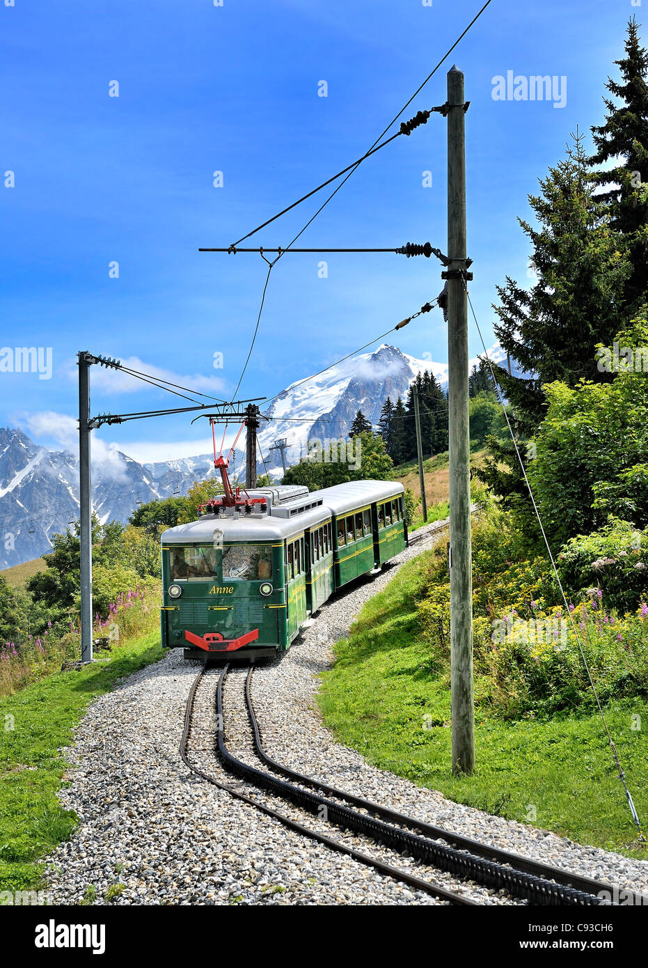 Treno storico: le Tramway du Mont-Blanc, Francia. Foto Stock