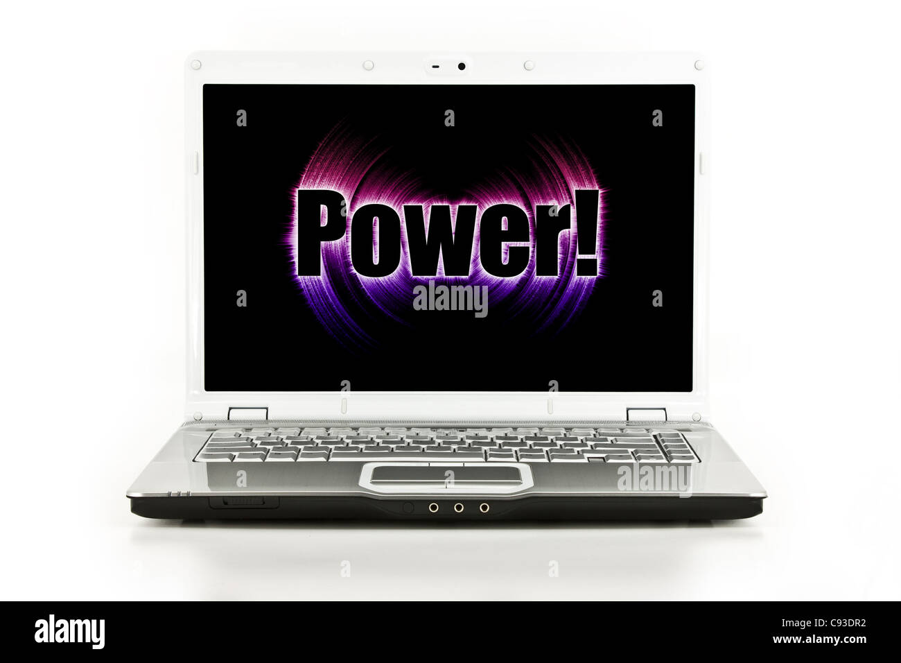 Concetto di alimentazione visualizzata su un computer portatile / notebook computer isolato su bianco Foto Stock