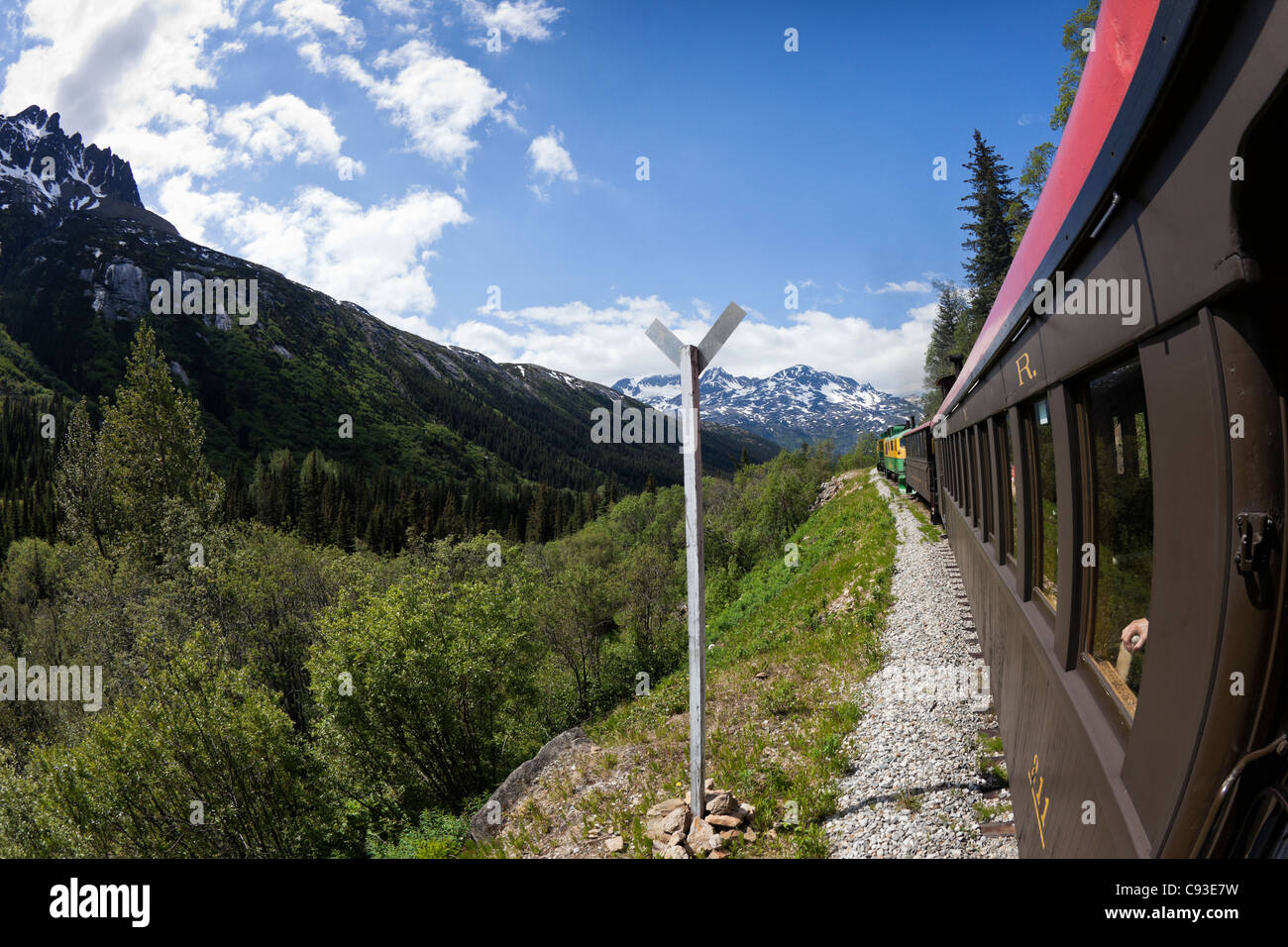 Pass bianco e Yukon Railroad en route da Skagway Alaska per Fraser,della Columbia britannica in Canada Foto Stock