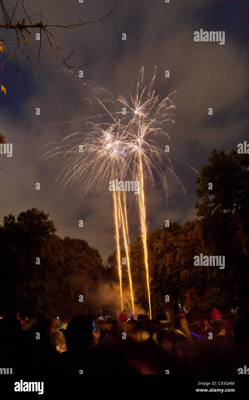 La folla a guardare i fuochi d'artificio il 4 novembre 2011. Campi Corams, Bloomsbury, Camden, London, England Foto Stock