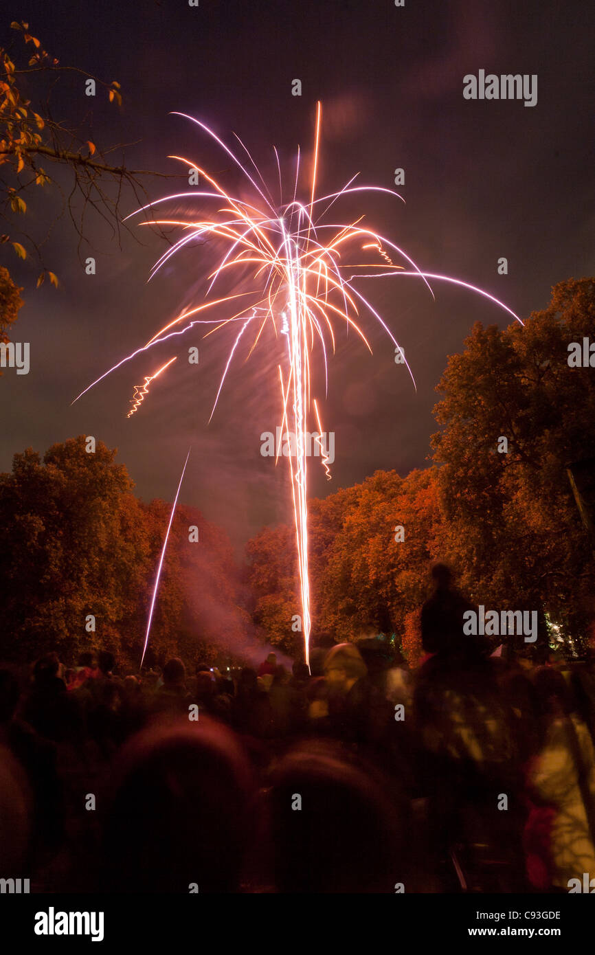 La folla a guardare i fuochi d'artificio il 4 novembre 2011. Campi Corams, Bloomsbury, Camden, London, England Foto Stock