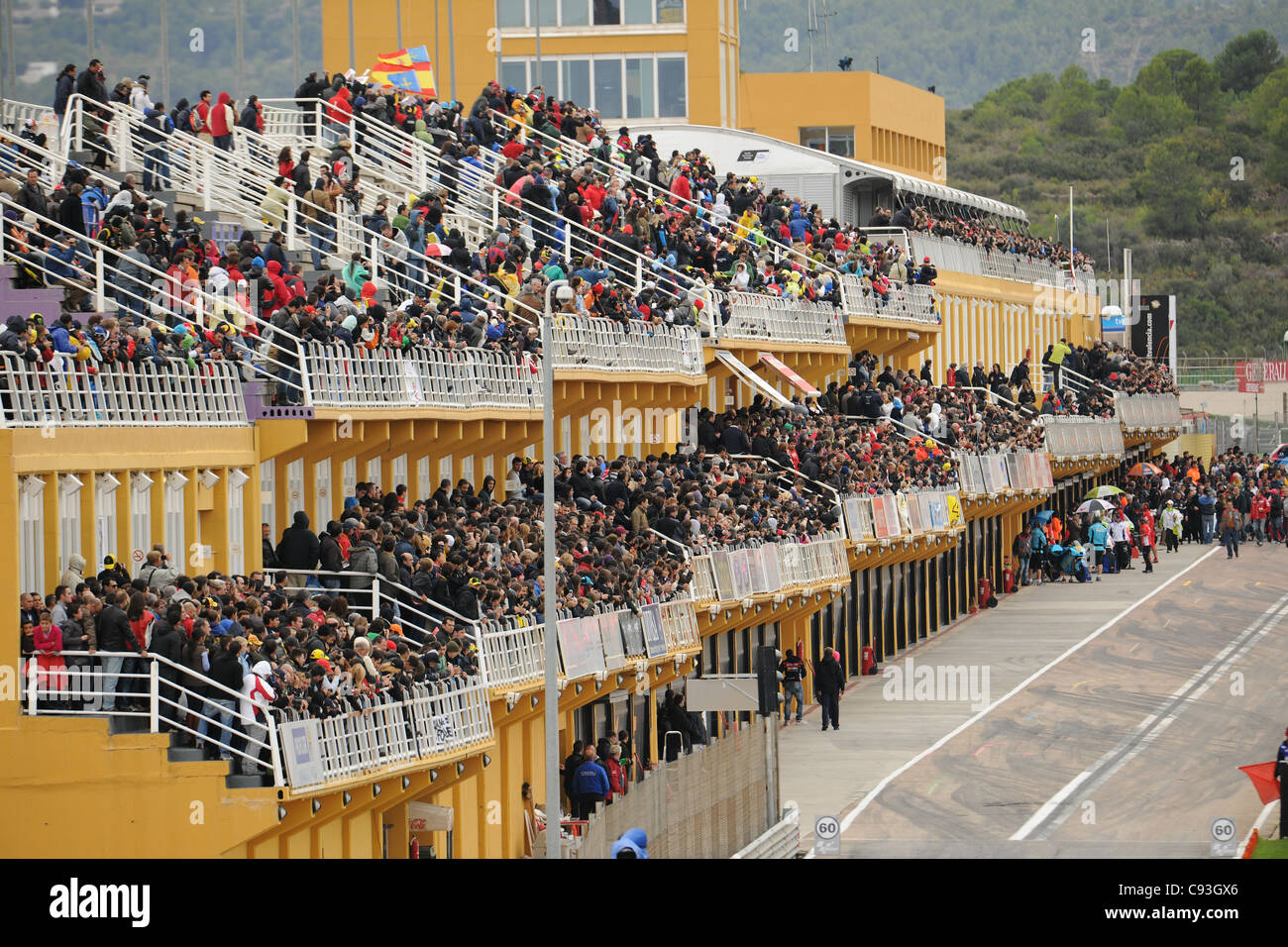 MotoGP pit lane a Valencia Foto Stock