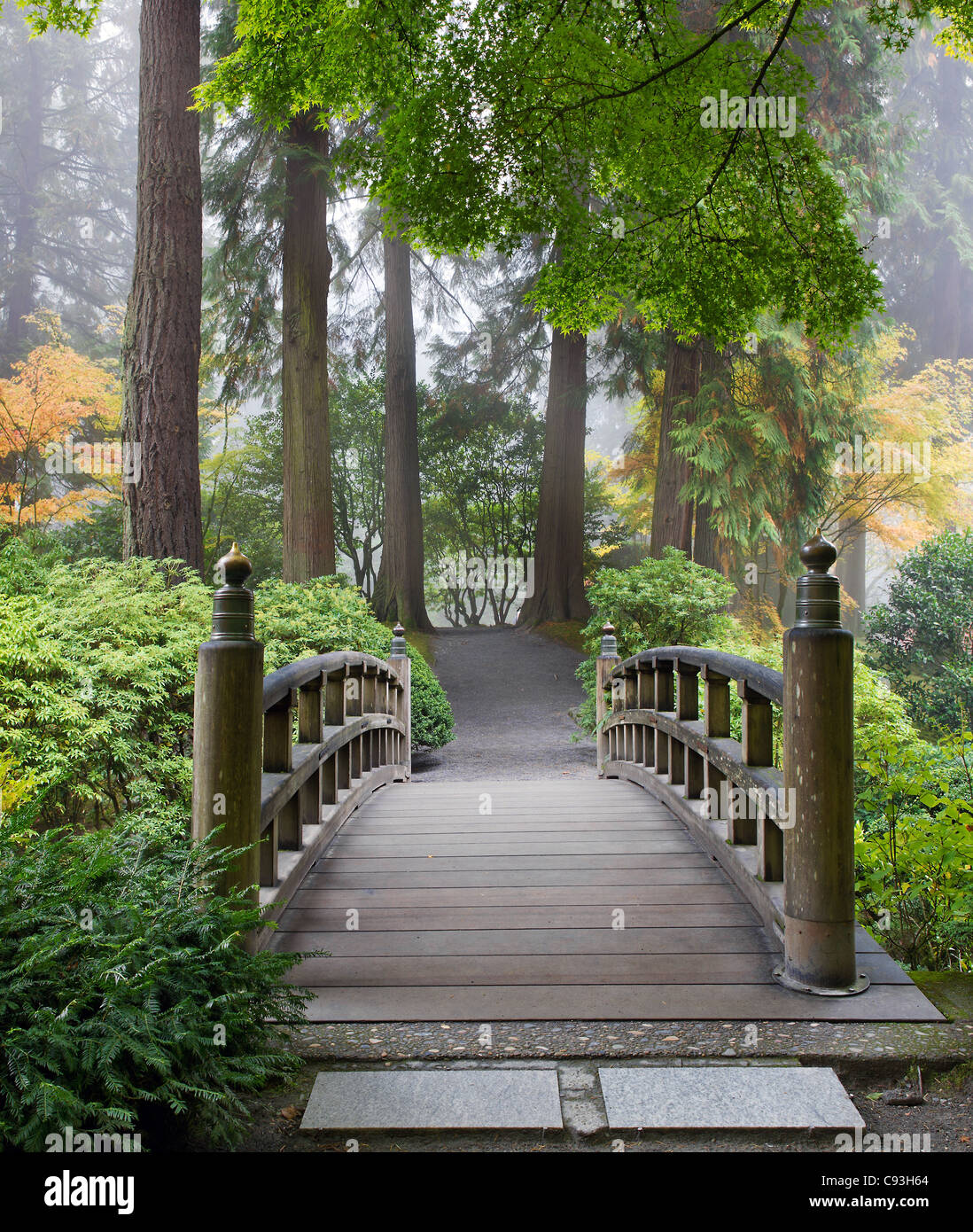 Mattinata nebbiosa dal piede legno Ponte a giardino giapponese in autunno Foto Stock