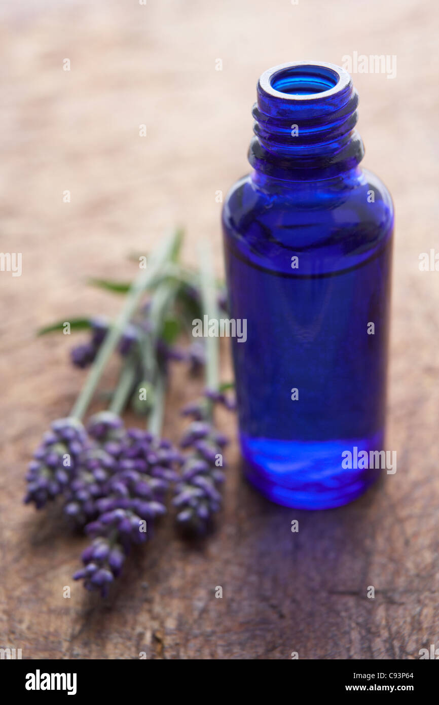 Fiori di lavanda e bottiglia di profumo Foto Stock