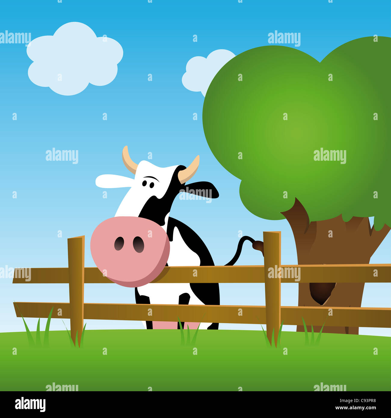 Illustrazione di una vacca da latte in un campo verde, dietro una recinzione Foto Stock