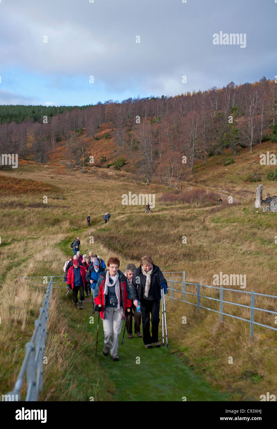 Ramblers su un trek su Wade's strada militare a Sluggan ponte sopra il fiume Dulnain, vicino a Carrbridge Strathspey. SCO 7723 Foto Stock