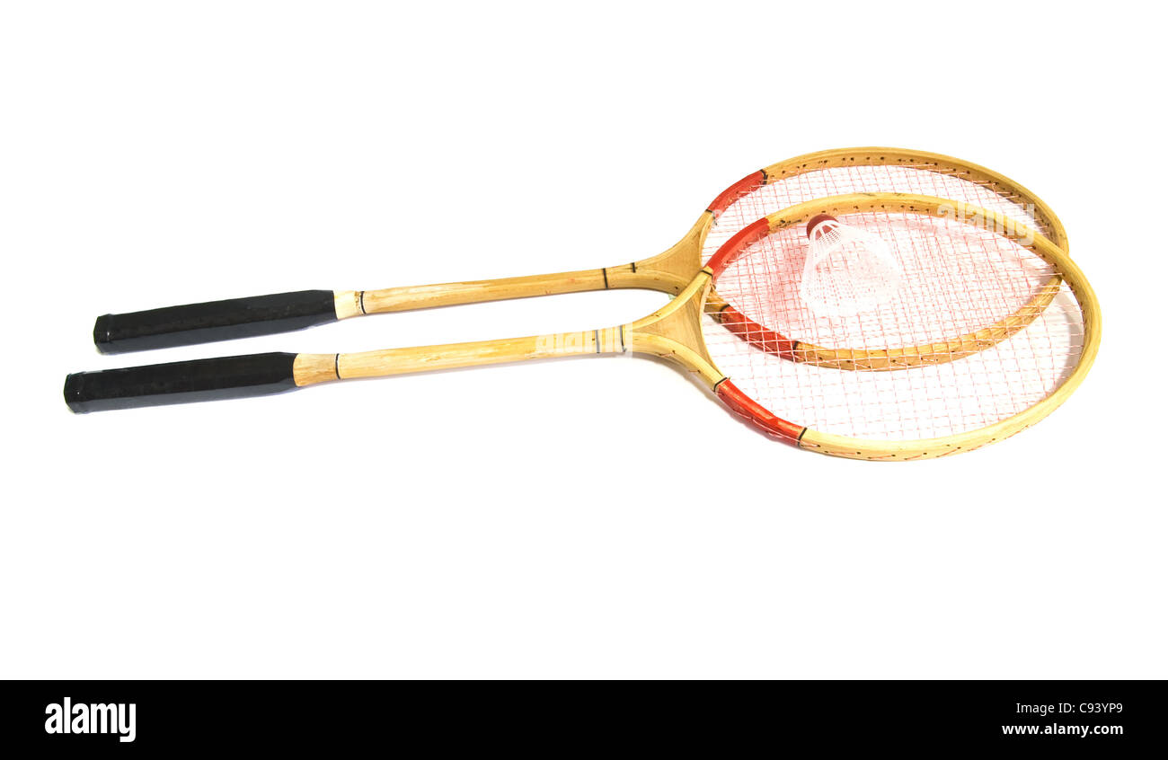 Badminton Racchette con volano su bianco Foto Stock