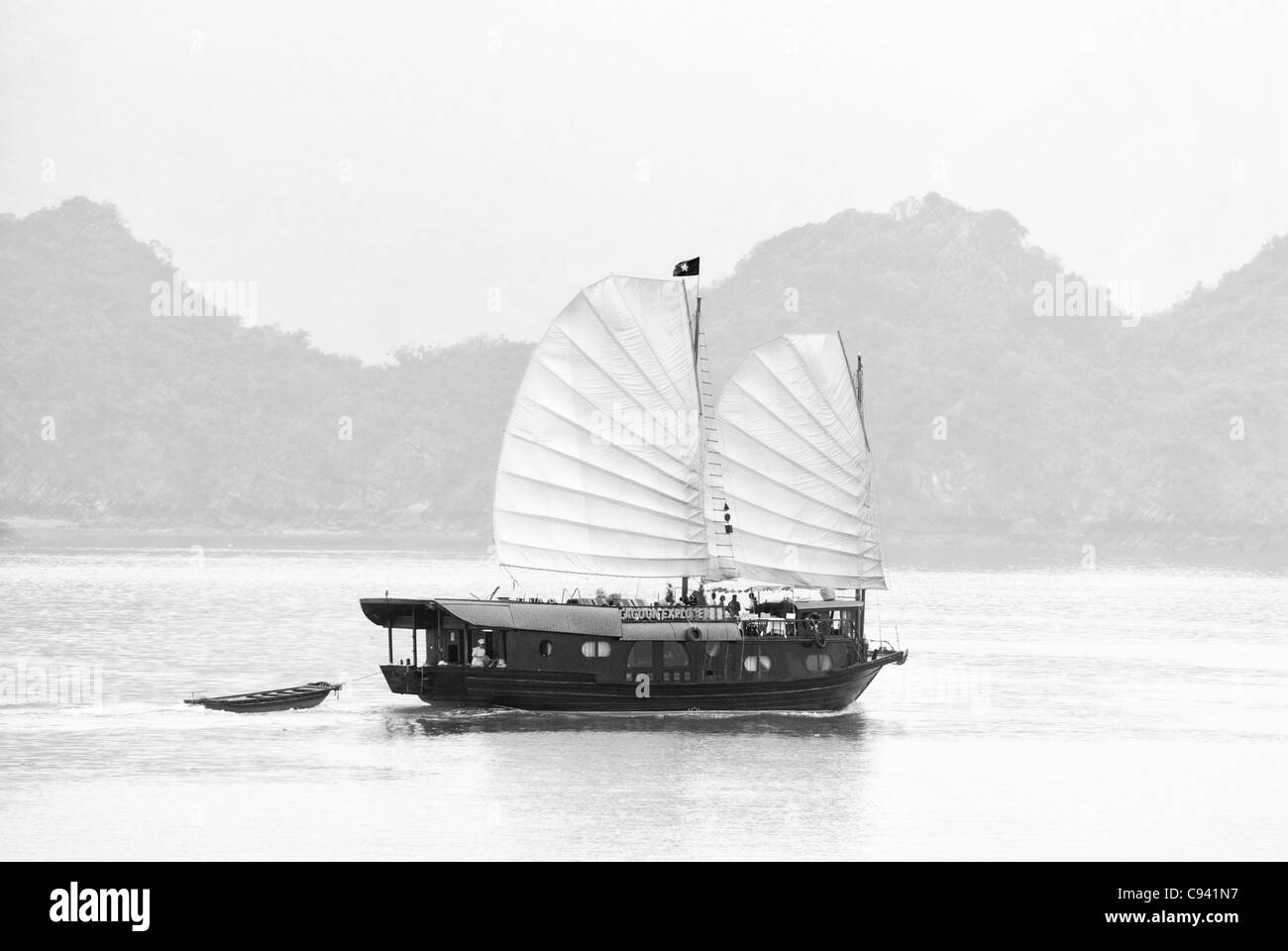 Asia, Vietnam, Halong Bay. Barca a vela tradizionale junk sulla baia di Halong. Designato un Sito Patrimonio Mondiale dell'UNESCO nel 1994, ... Foto Stock