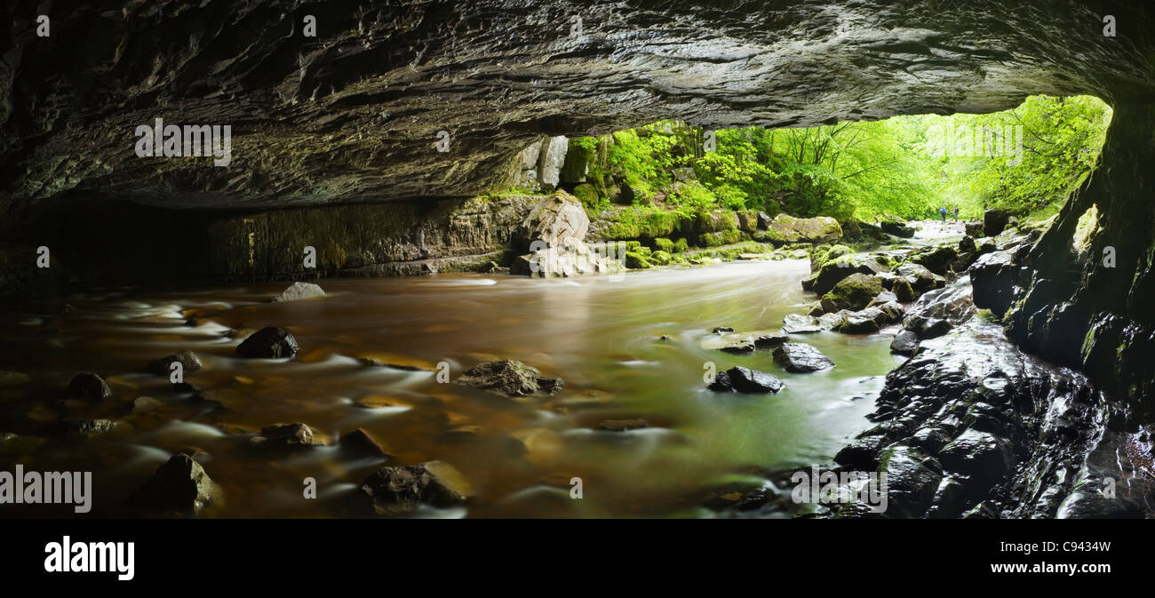 Ingresso al Porth yr Ogof Grotta dall'interno. Vicino Ystradfellte. Parco Nazionale di Brecon Beacons. La contea di Powys. Il Galles. Regno Unito. Foto Stock