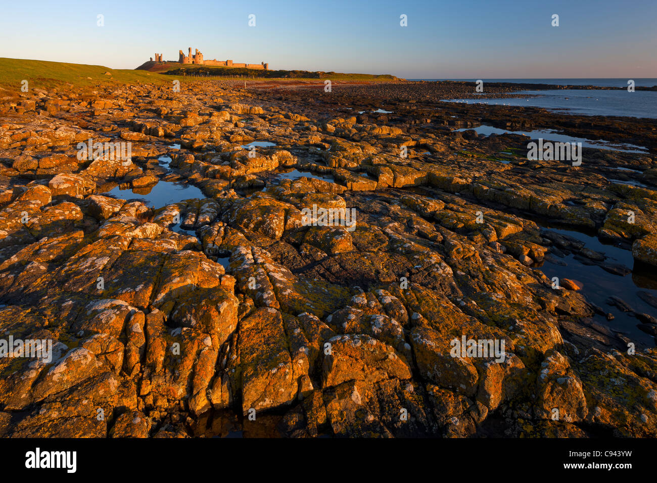 Il castello di Dunstanburgh con rocce al di sotto, nella luce del mattino, Northumberland Foto Stock