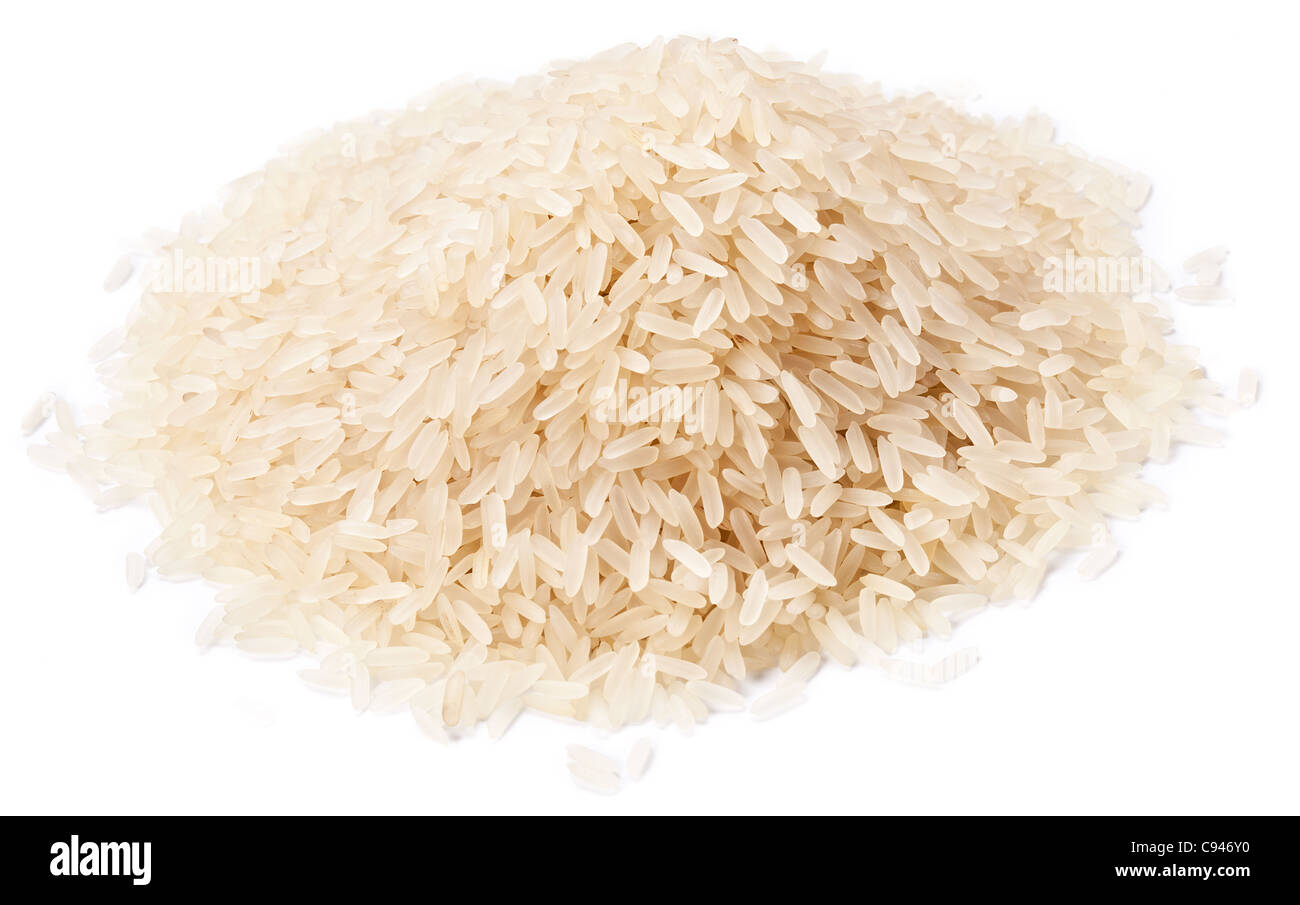 Heap di riso isolato su uno sfondo bianco. Foto Stock