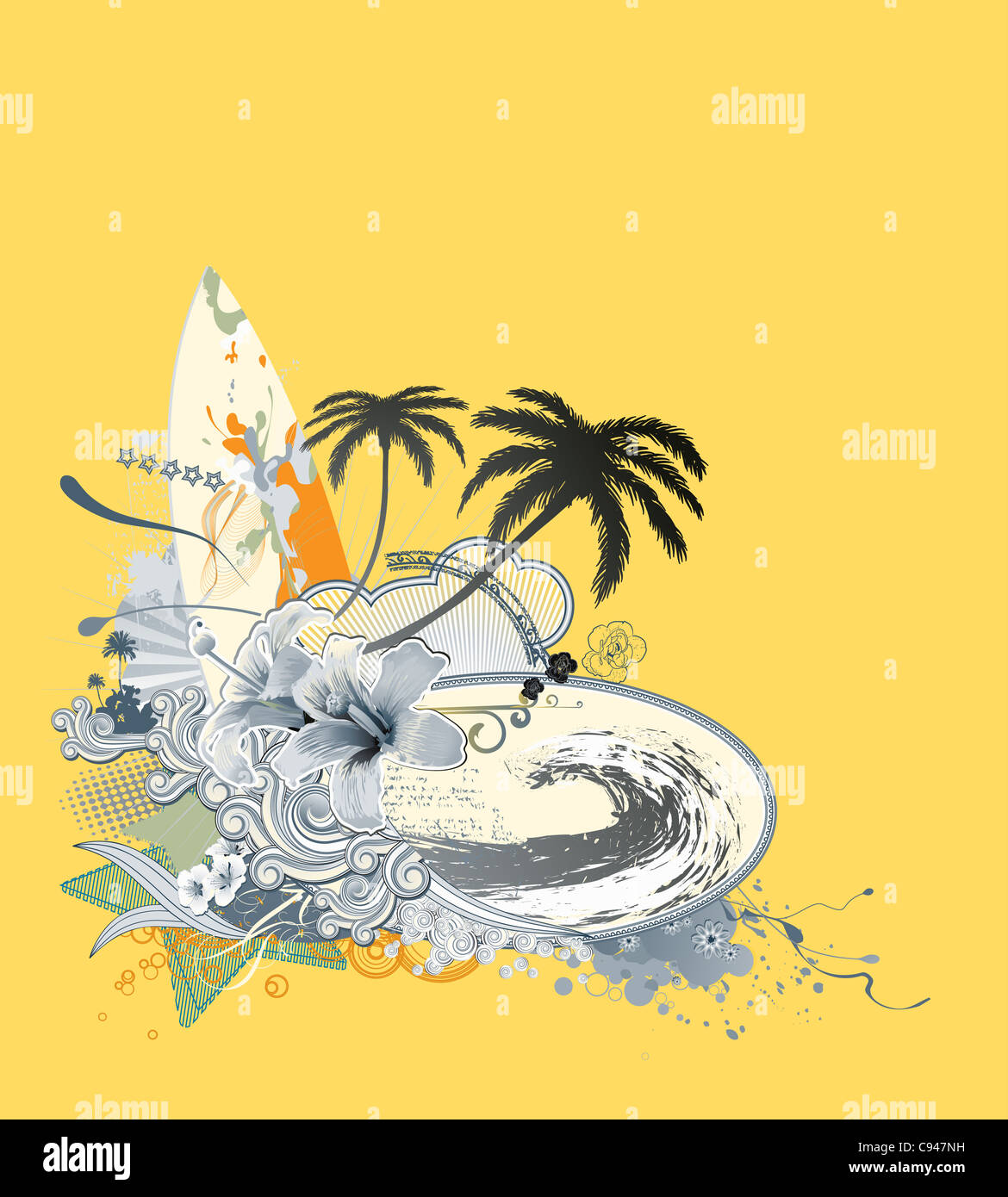 Illustrazione della composizione d'estate con la tavola da surf sul big wave, hibiscus, palme silhouette e ricci strisce retrò Foto Stock