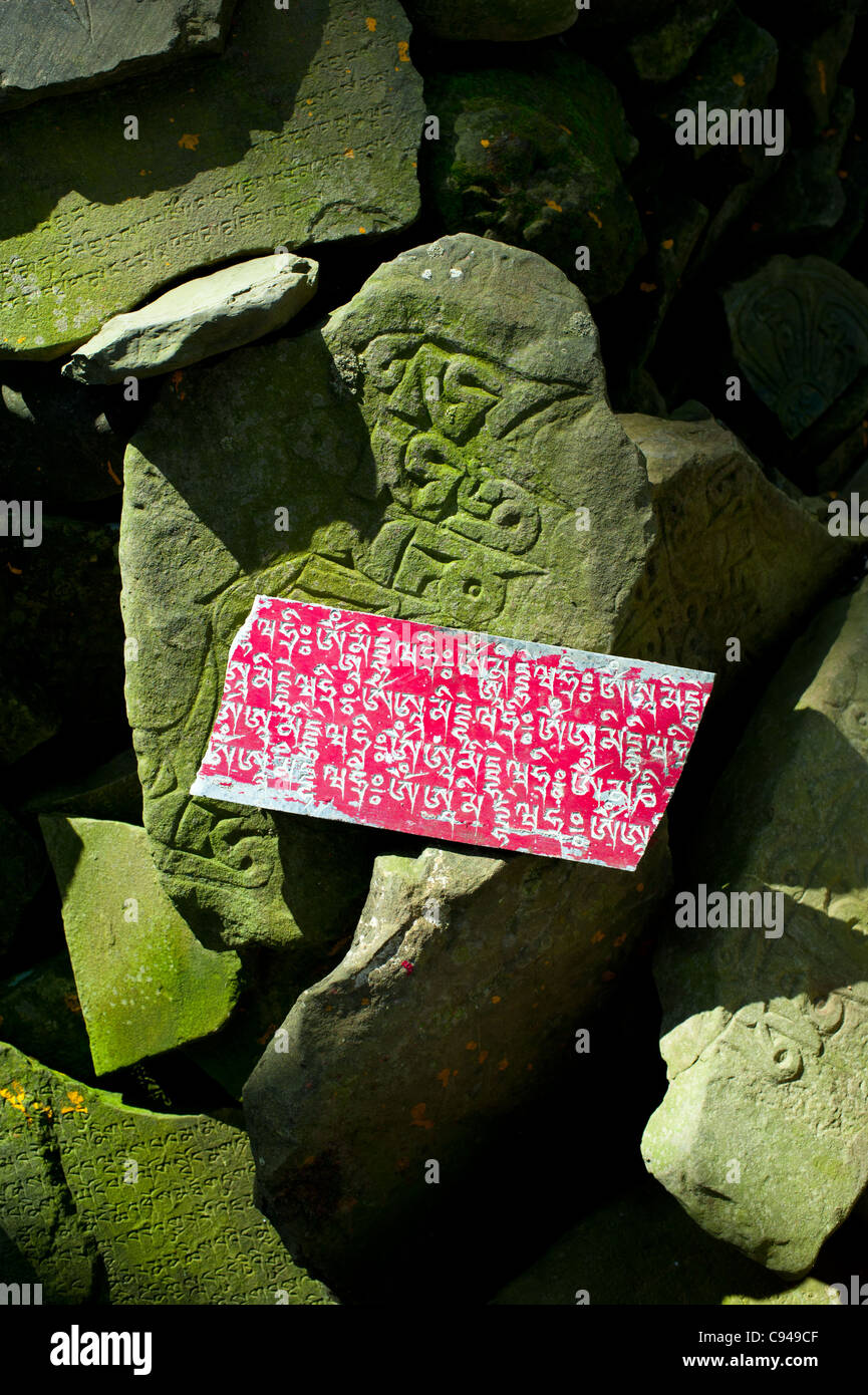 La preghiera buddista pietre con mantra scritti Foto Stock
