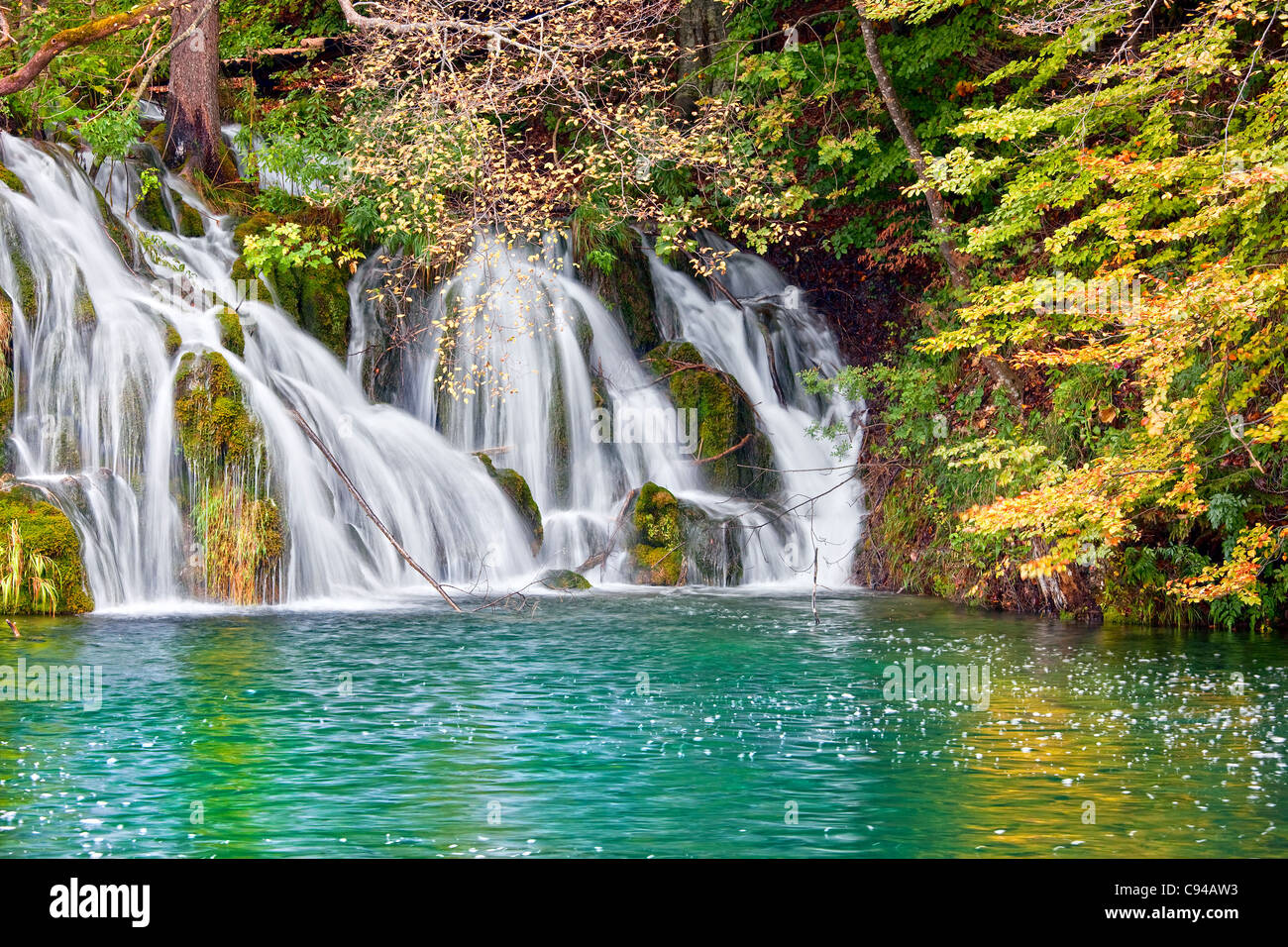 New Scenic 5 posti una cascata e il lago in autunno foresta, Plitvice Lakes National Park, Croazia, Europa Foto Stock