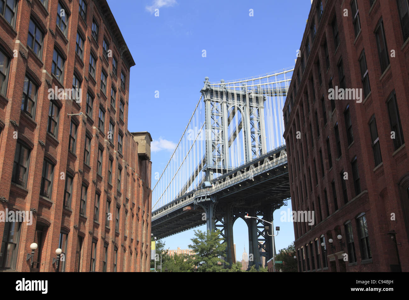 Manhattan Bridge, Dumbo (verso il basso al di sotto del ponte di Manhattan cavalcavia) Brooklyn, New York City, Stati Uniti d'America Foto Stock