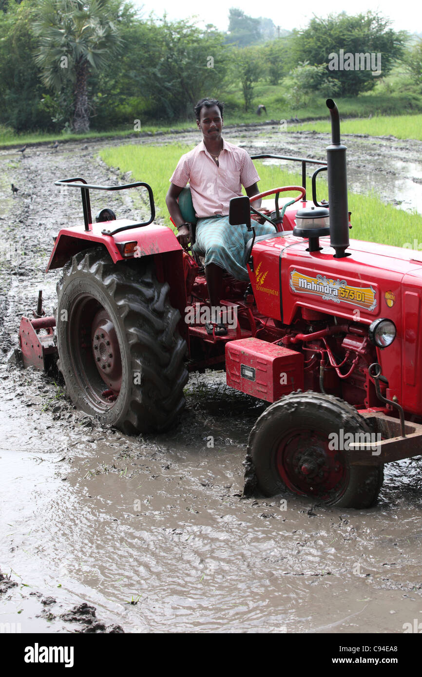 Preparazione del trattore una risaia Tamil Nadu India Foto Stock