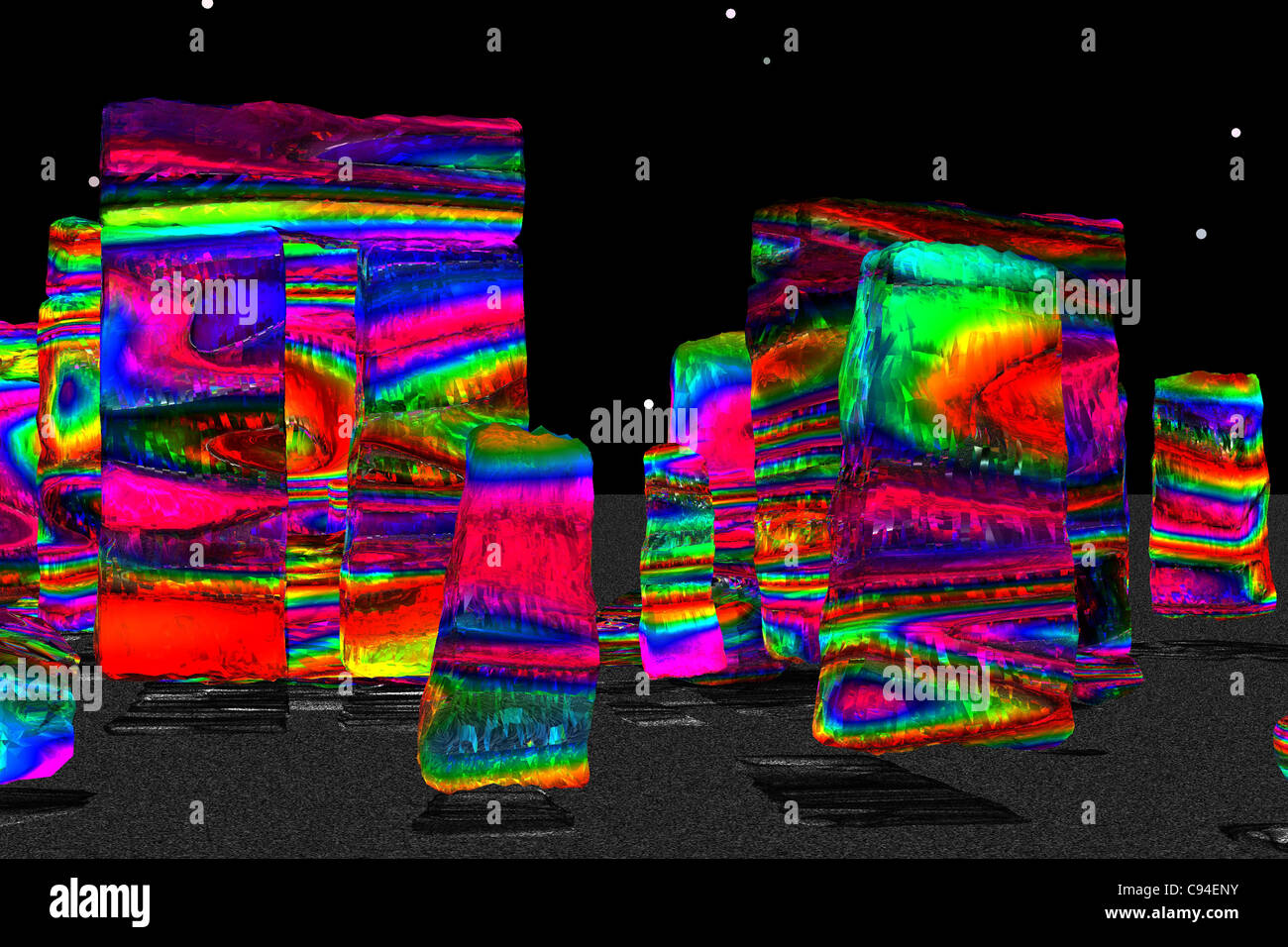 3D illustrazione di blocchi colorati di ghiaccio colorato a mezzanotte sotto le stelle scintillanti Foto Stock