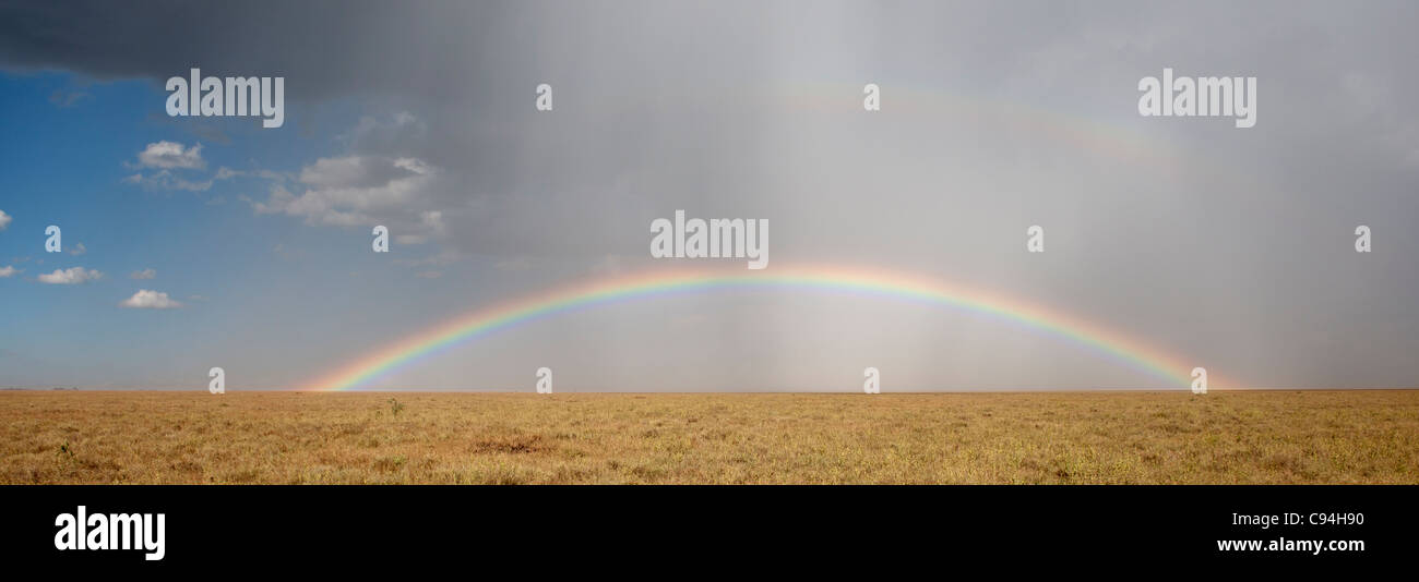 Rainbow presso il Parco Nazionale del Serengeti, Tanzania Africa Foto Stock