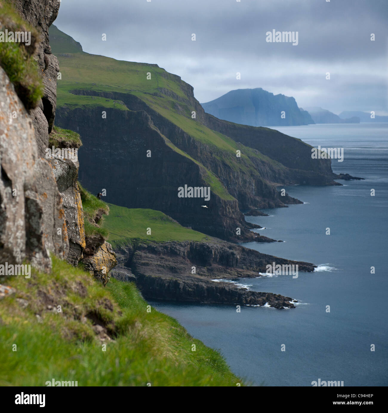 Vista panoramica di Mykines, Isole Faerøer Foto Stock