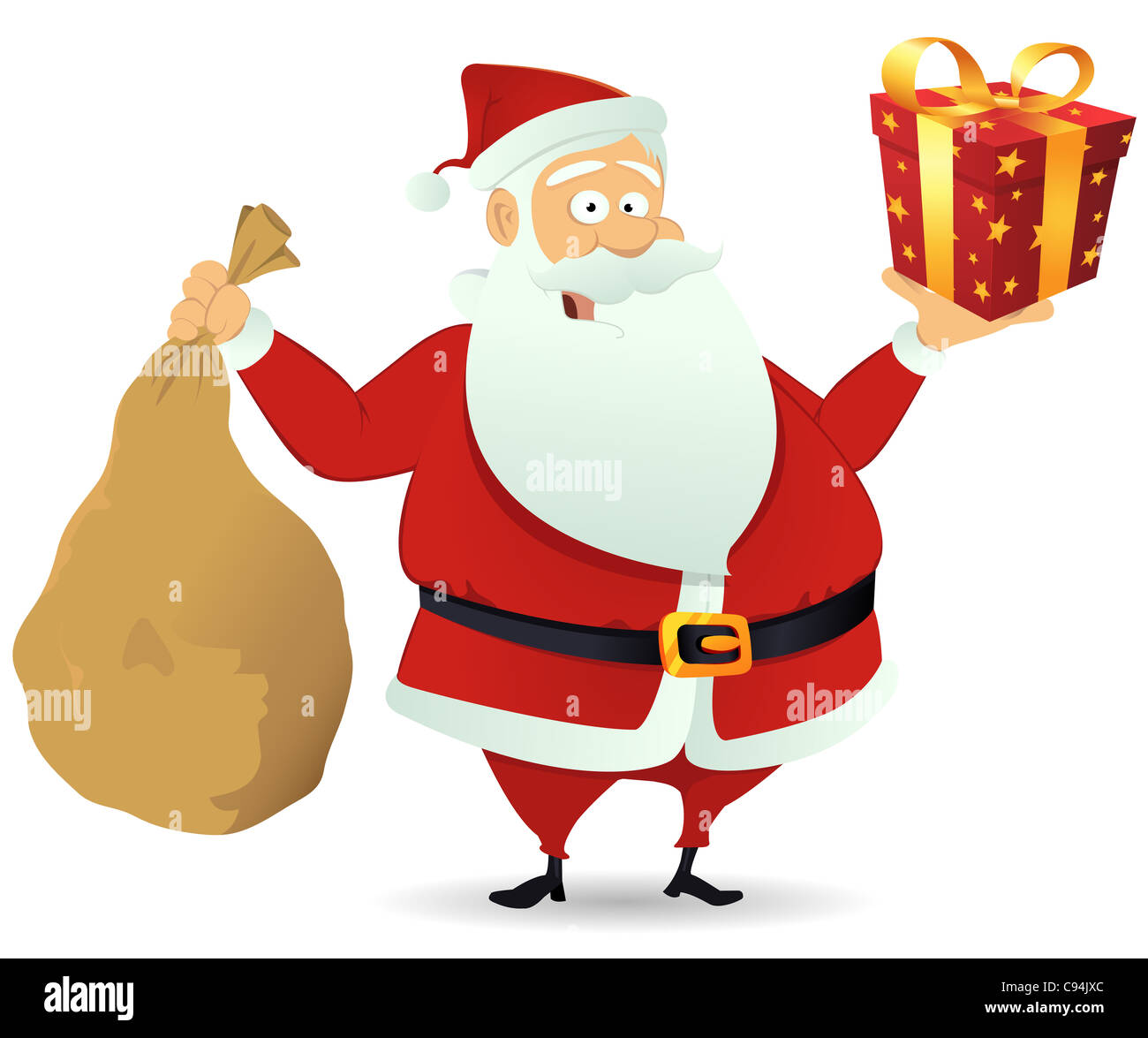 Illustrazione di Babbo Natale consegna confezione regalo e tenendo la sua borsa piena per le vacanze di natale Foto Stock