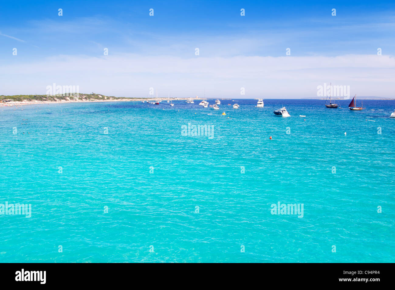 Ibiza Ses Salines spiaggia sud acqua turchese isola del Mediterraneo Foto Stock