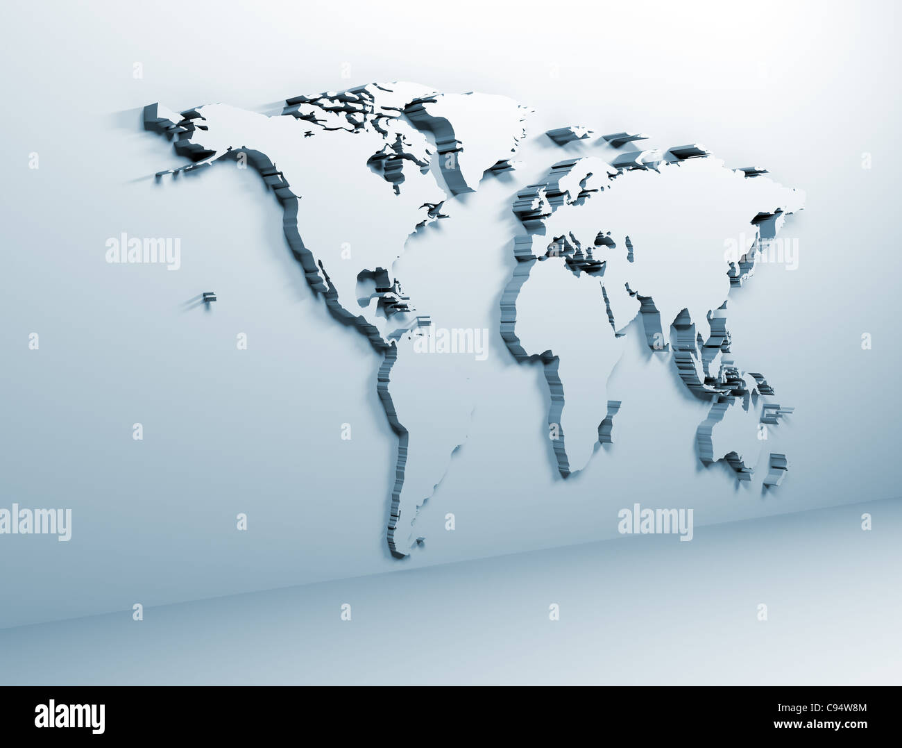 Blu metallico mappa del mondo sulla parete Foto Stock