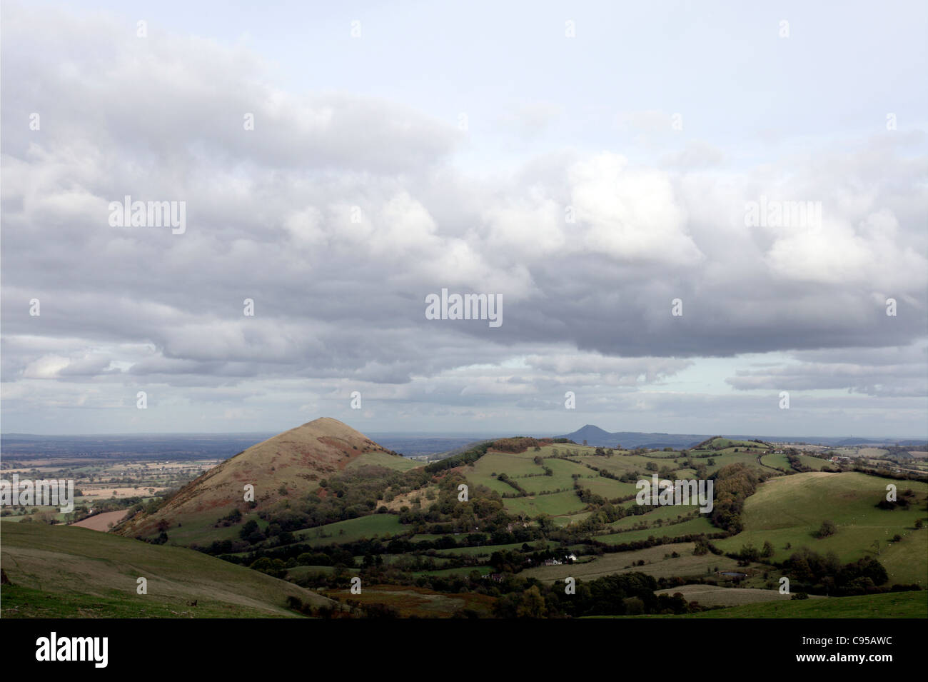 Egli marrone chiaro vertice del Lawley,distante Shropshire pianure e bellezze naturali del Shropshire Hills. Foto Stock