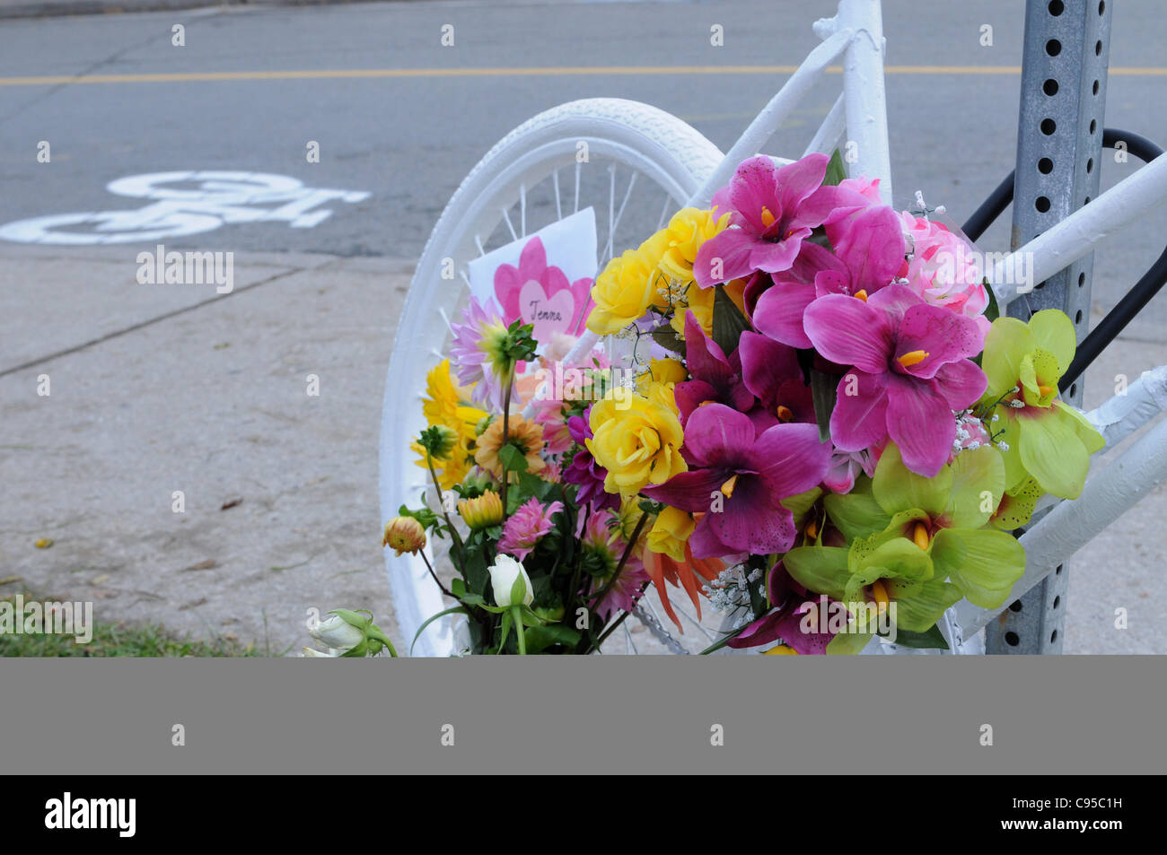 Lunedì 14 Novembre, 2011, una bicicletta Bianchi scultura bloccato ad un posto in corrispondenza della zona di spigolo di Sterling Road a Dundas Street West a Toronto in Canada il sito del ciclismo la morte di Jenna Morrison, una settimana fa oggi, lunedì 7 novembre 2011. Foto Stock