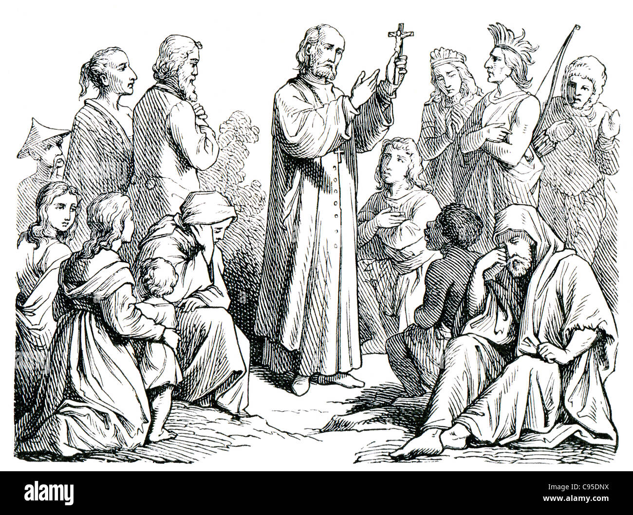 Le vecchie incisioni. Rappresentata la predicazione missionaria. Il libro "Storia della Chiesa", 1880 Foto Stock
