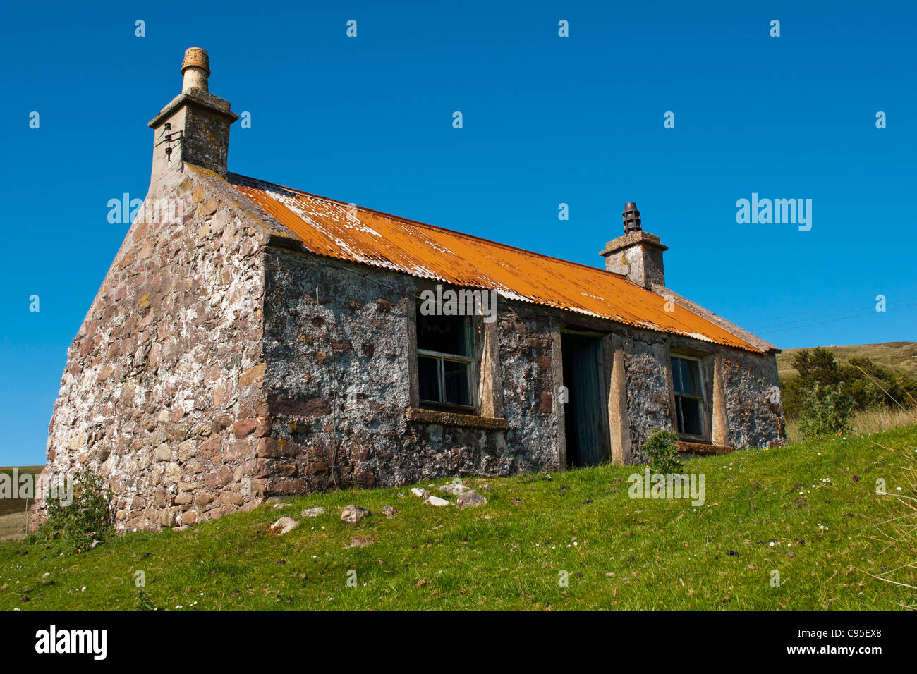 Edificio, Croft House, ferro corrugato tetto, abbandonati, Foto Stock
