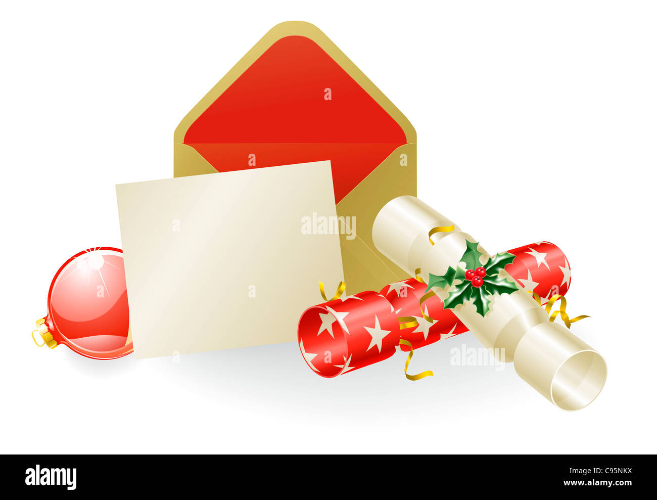 Illustrazione di un messaggio di Natale con cracker e baubles. Spazio per il testo etc. Foto Stock