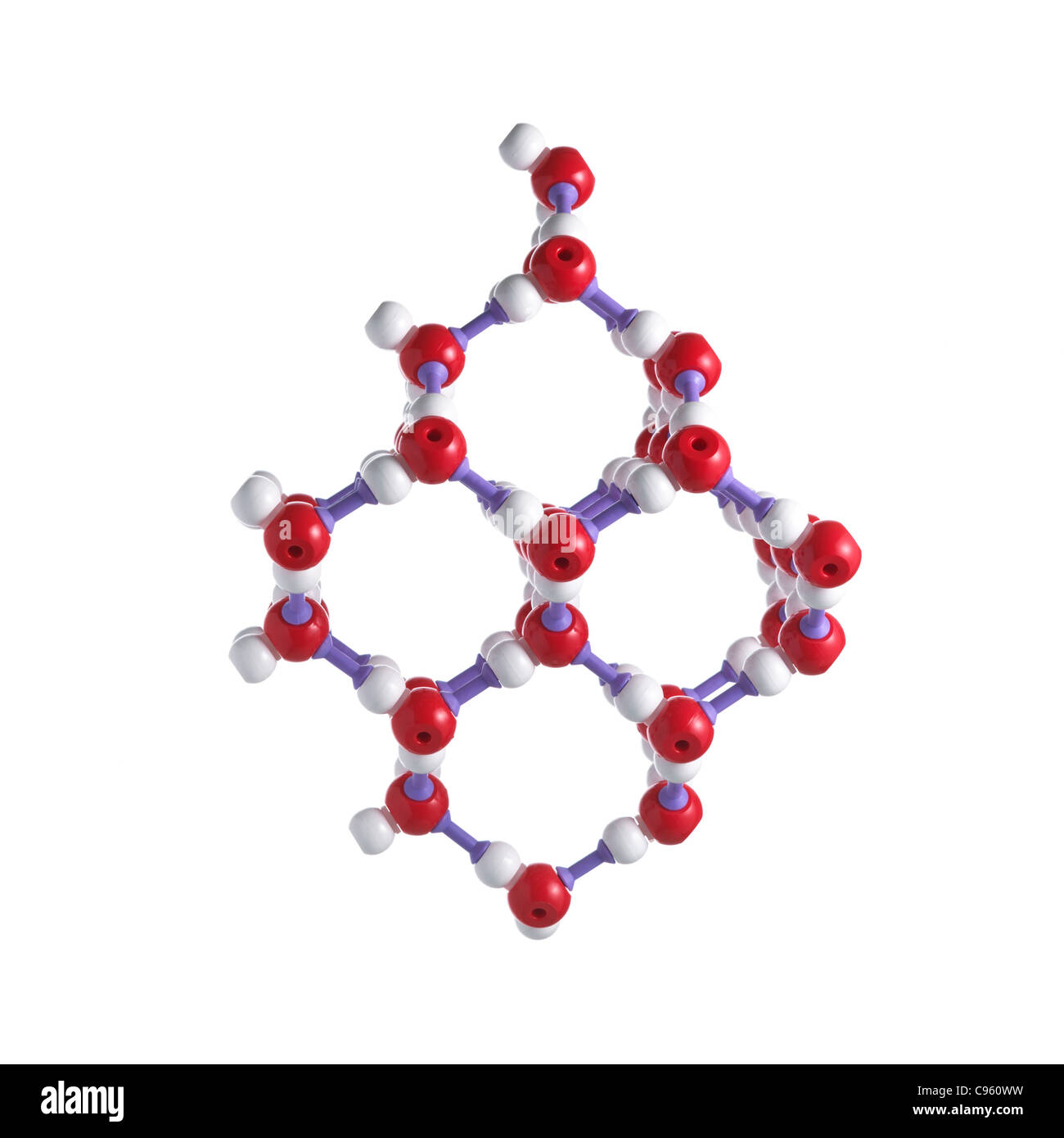 Reticolo di ghiaccio. Gli atomi sono rappresentati da sfere e sono codificati a colori: ossigeno (rosso) e idrogeno (bianco). Foto Stock