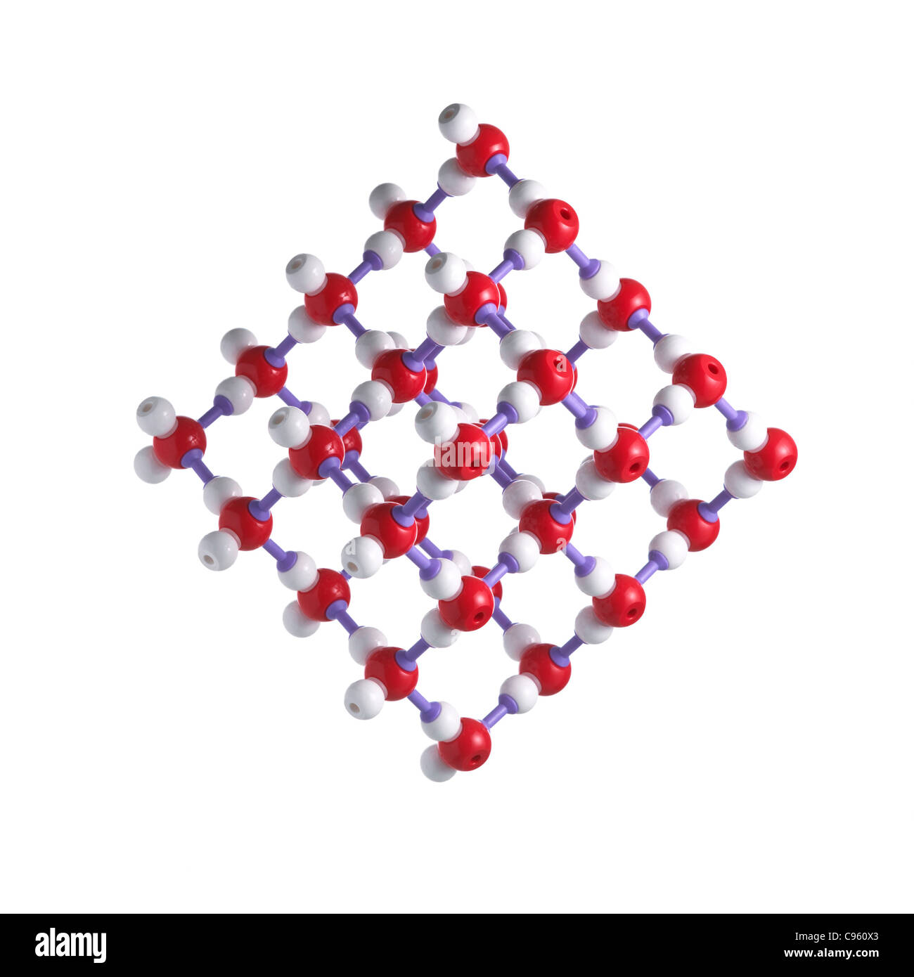 Reticolo di ghiaccio. Gli atomi sono rappresentati da sfere e sono codificati a colori: ossigeno (rosso) e idrogeno (bianco). Foto Stock